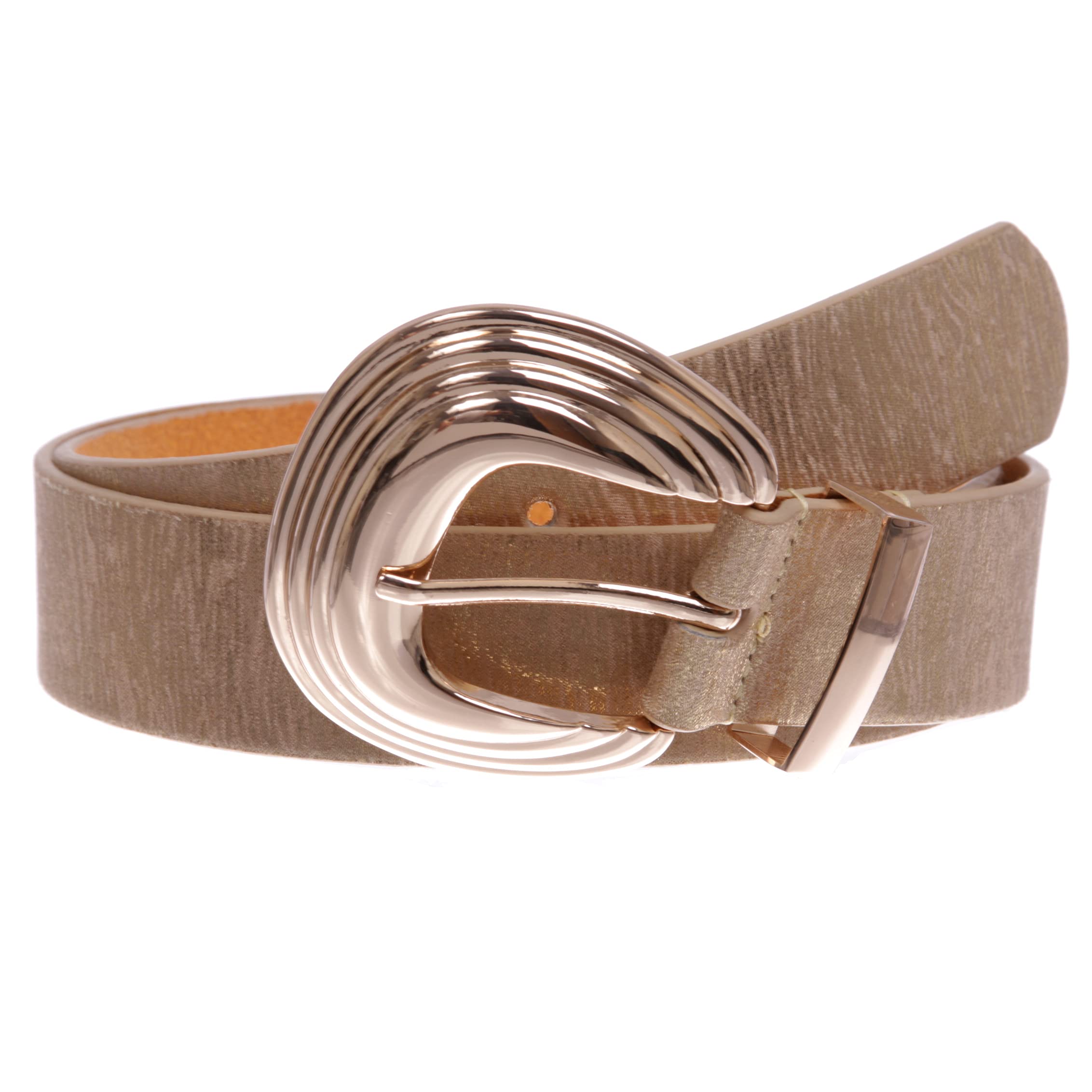 Women's Gold Accent Shell Buckle Shimmer Leather Belt - Elegant Waist Accessory for Dresses, Jeans & Office Wear