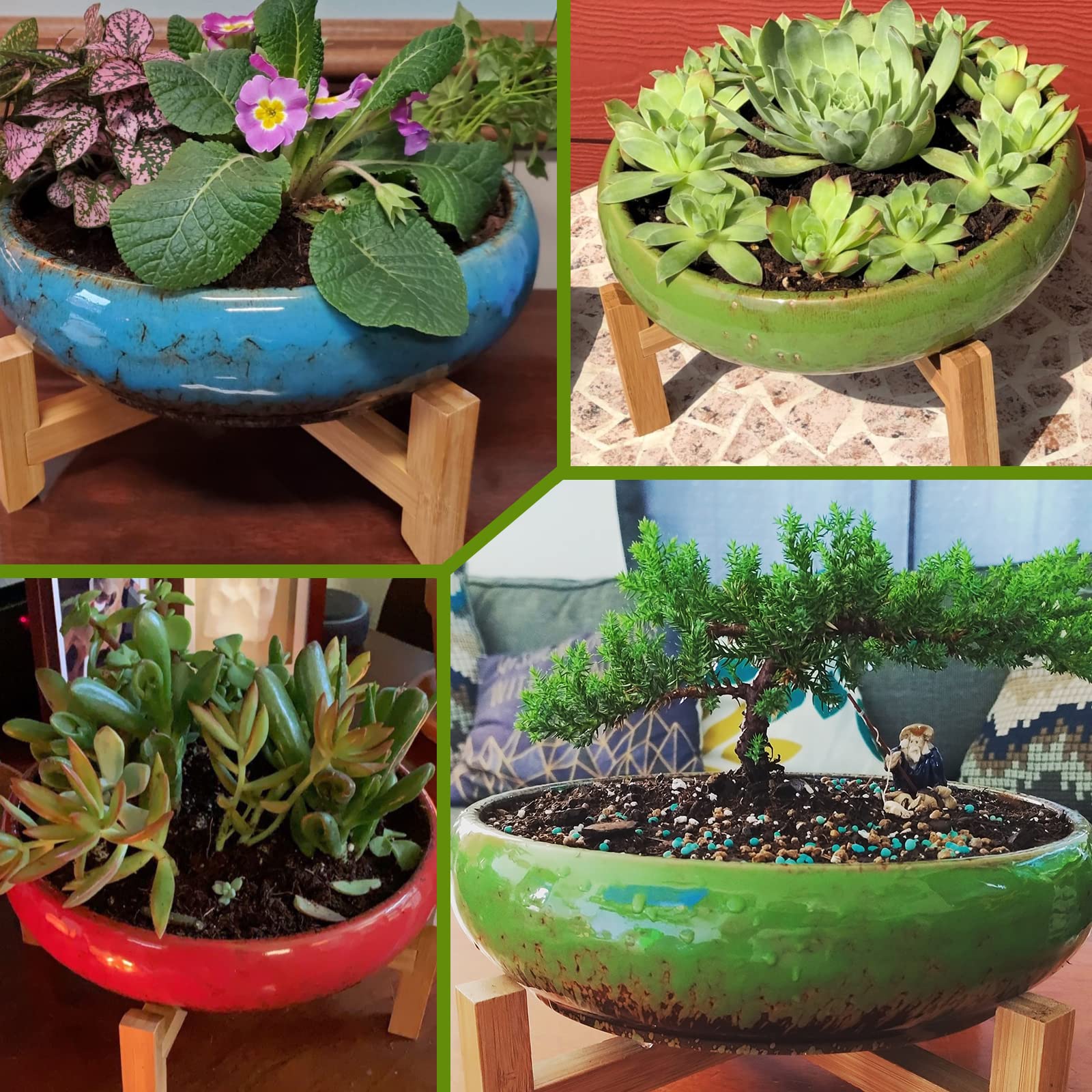 ARTKETTY 7.3-10 Inch Ceramic Succulent Pots Set of 2 - Large Glazed Bonsai Planters with Drainage Tray for Indoor Cactus, Flowers & Plants | Perfect for Home Decor, Office Desk & Garden Display