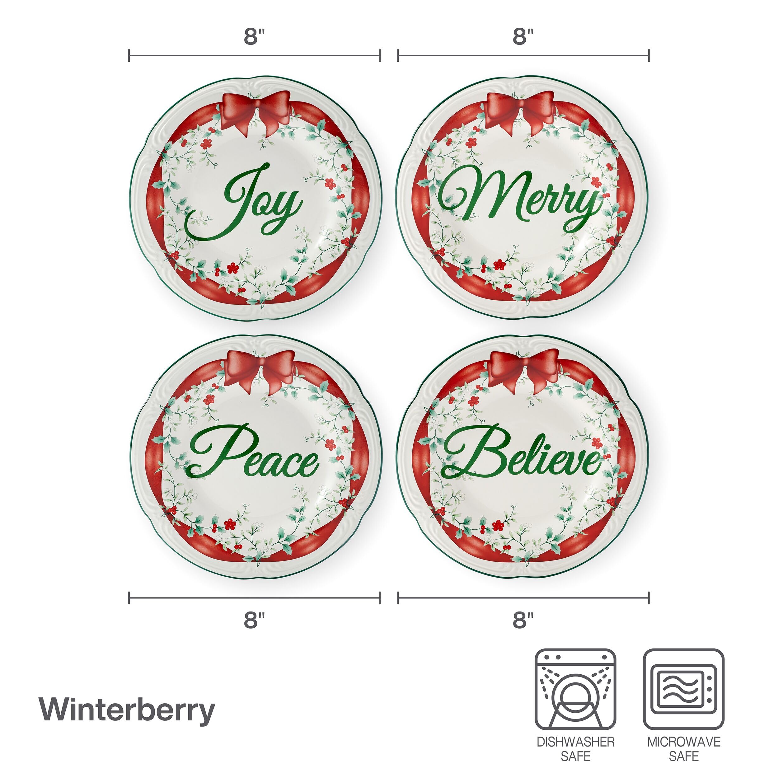 Pfaltzgraff Winterberry Red Ribbon Salad Plates Set of 4 - Elegant Dinnerware for Holiday Entertaining & Christmas Table Decor