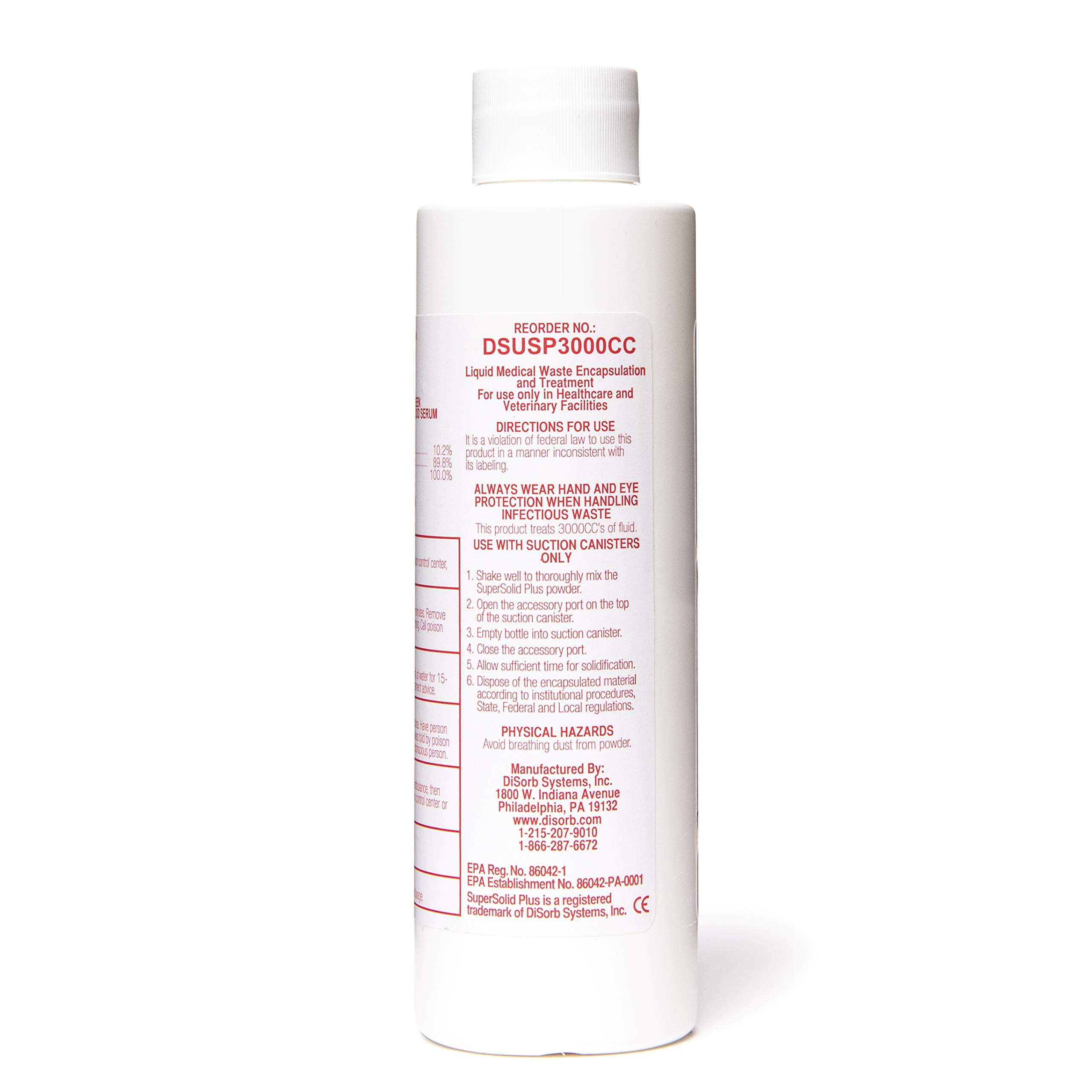 DiSorb Suction Canister Sterilizer Absorbent Powder - EPA Approved Solidifier for Bodily Fluids & Blood - 500cc (100 Bottles/Case) - Ideal for Hospitals, Healthcare Facilities & Veterinary Clinics - Perfect for Emergency Spill Cleanup & Medical Waste Management