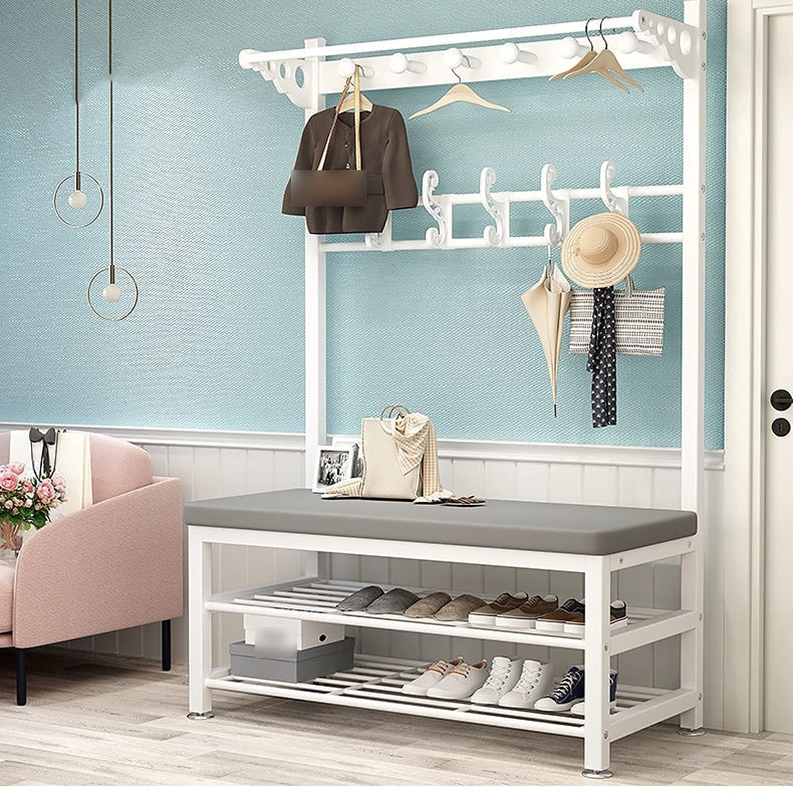2-Tier Coat Rack Stand with Bench - Portable Metal Clothes Organizer for Hats, Handbags & Shoes | Perfect for Hallway, Bedroom & Entryway Storage Solutions