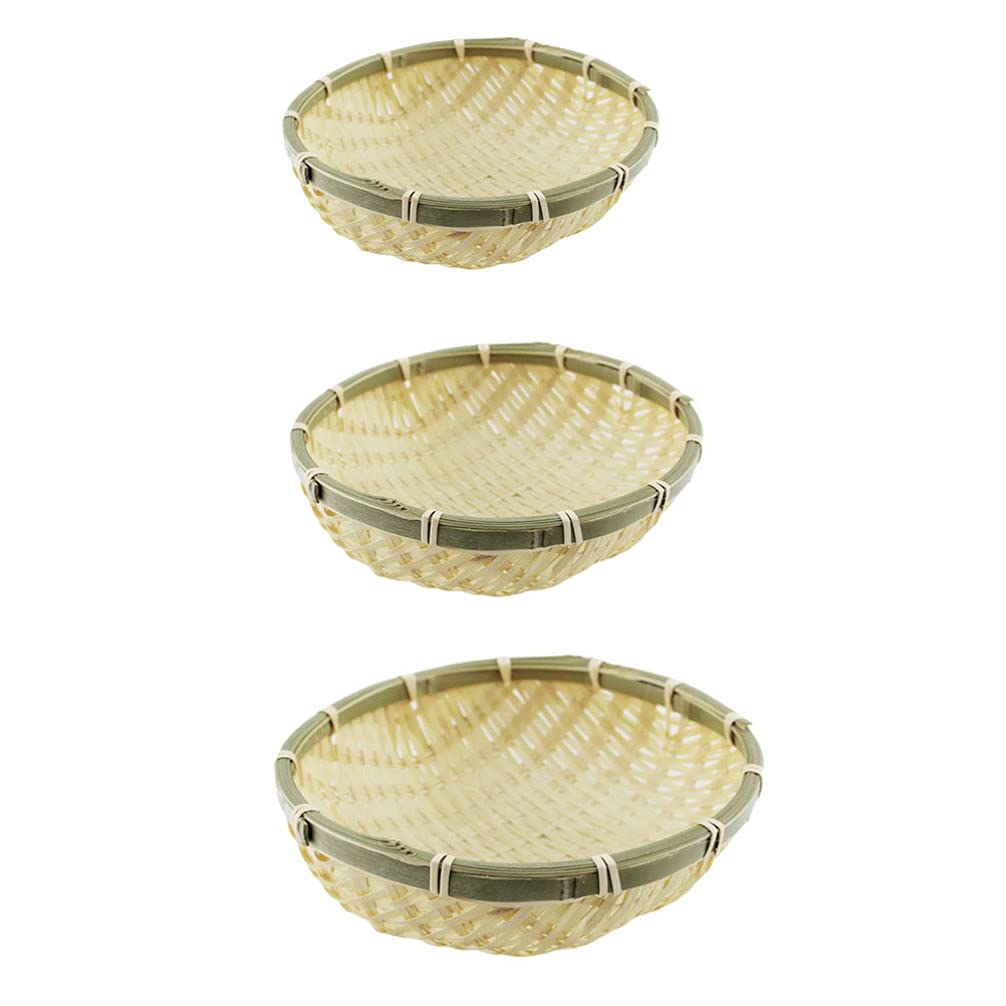 YARDWE 3-Piece Woven Storage Baskets Set - Round Flat Bread Basket for Fruits, Vegetables, Bread & Dried Goods (13cm, 15cm, 18cm) - Perfect for Kitchen Counter, Dining Table & Picnic Serving