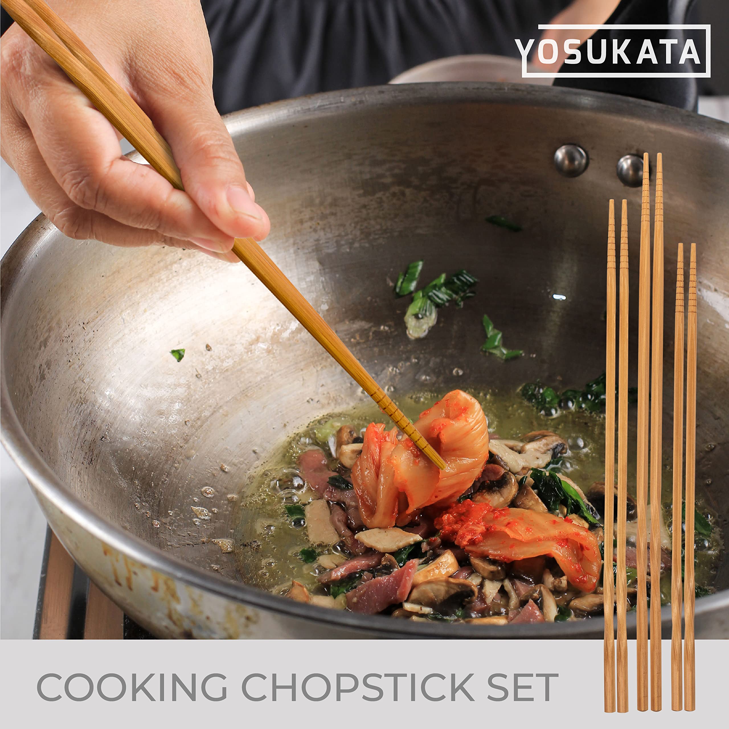 YOSUKATA 3-Pair Reusable Natural Wooden Cooking Chopsticks Set - 11.8