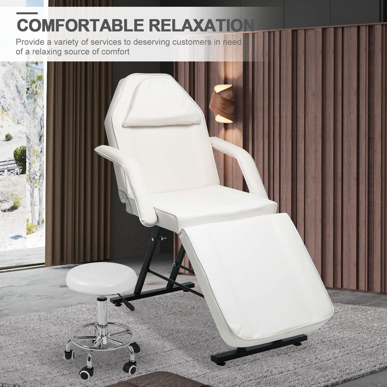 Vanimeu White Adjustable Massage Table with Stool - 3-Section Salon Tattoo Lash Bed, Removable Armrests & Headrest for Spa, 185x85x65cm - Perfect for Massage Therapy, Beauty Salon, Tattoo Parlor & Home Use