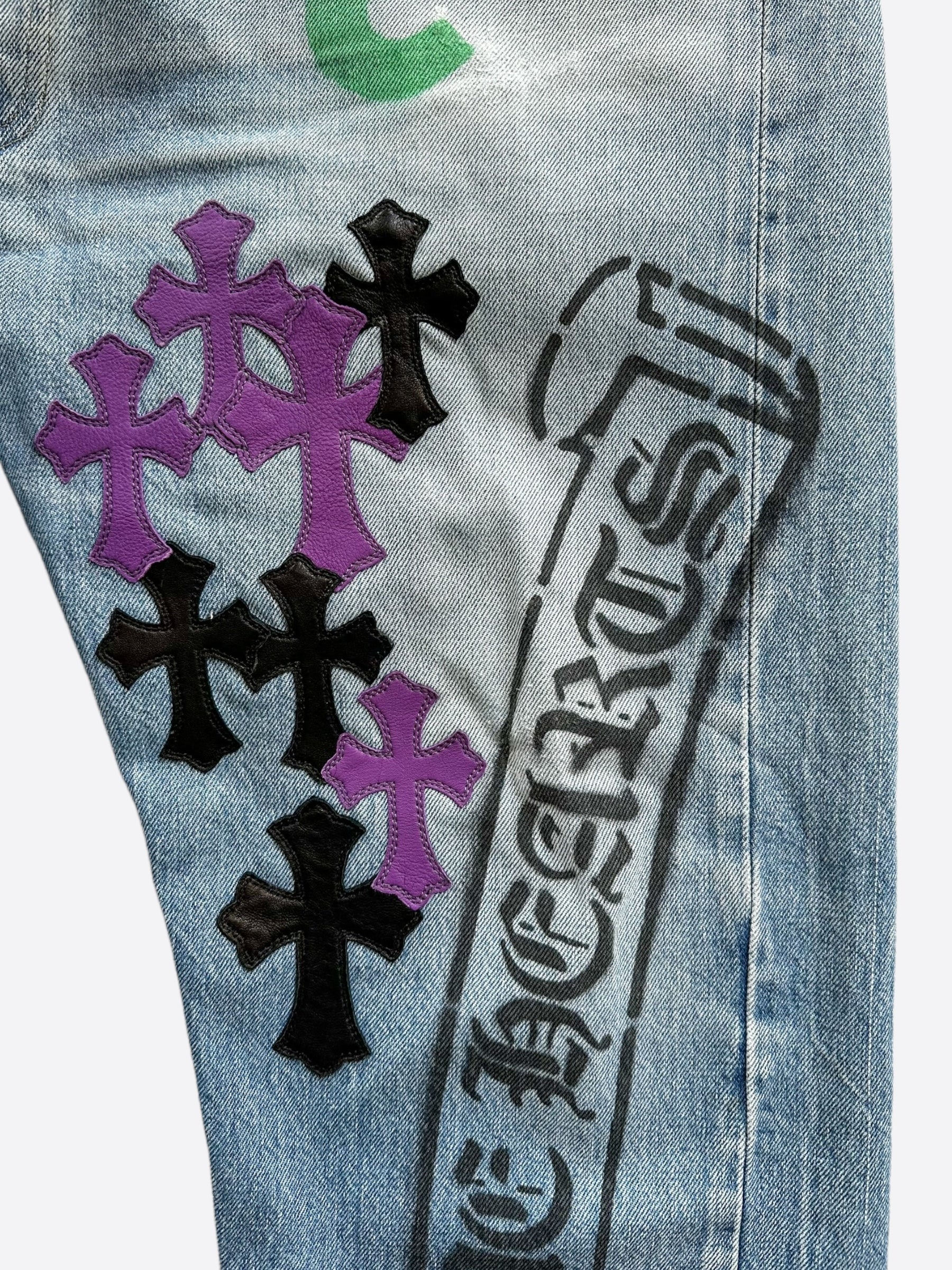 Chrome Hearts x Levi's Blue Cross Patch Distressed Denim Jeans for Men & Women - Vintage Style Ripped Skinny Jeans - Perfect for Streetwear & Casual Outfits