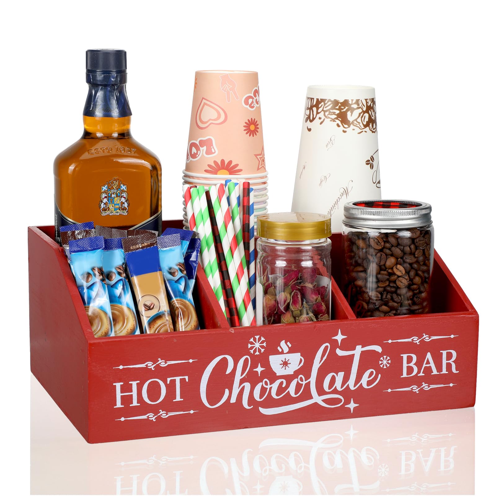 Barydat Christmas Hot Cocoa Bar Organizer - 4 Compartment Wooden Coffee Station Countertop Holder for Kitchen, Holiday Party & Home Decor | Perfect for Xmas Gifts, Hot Chocolate Display & Coffee Bar Organization (Red)