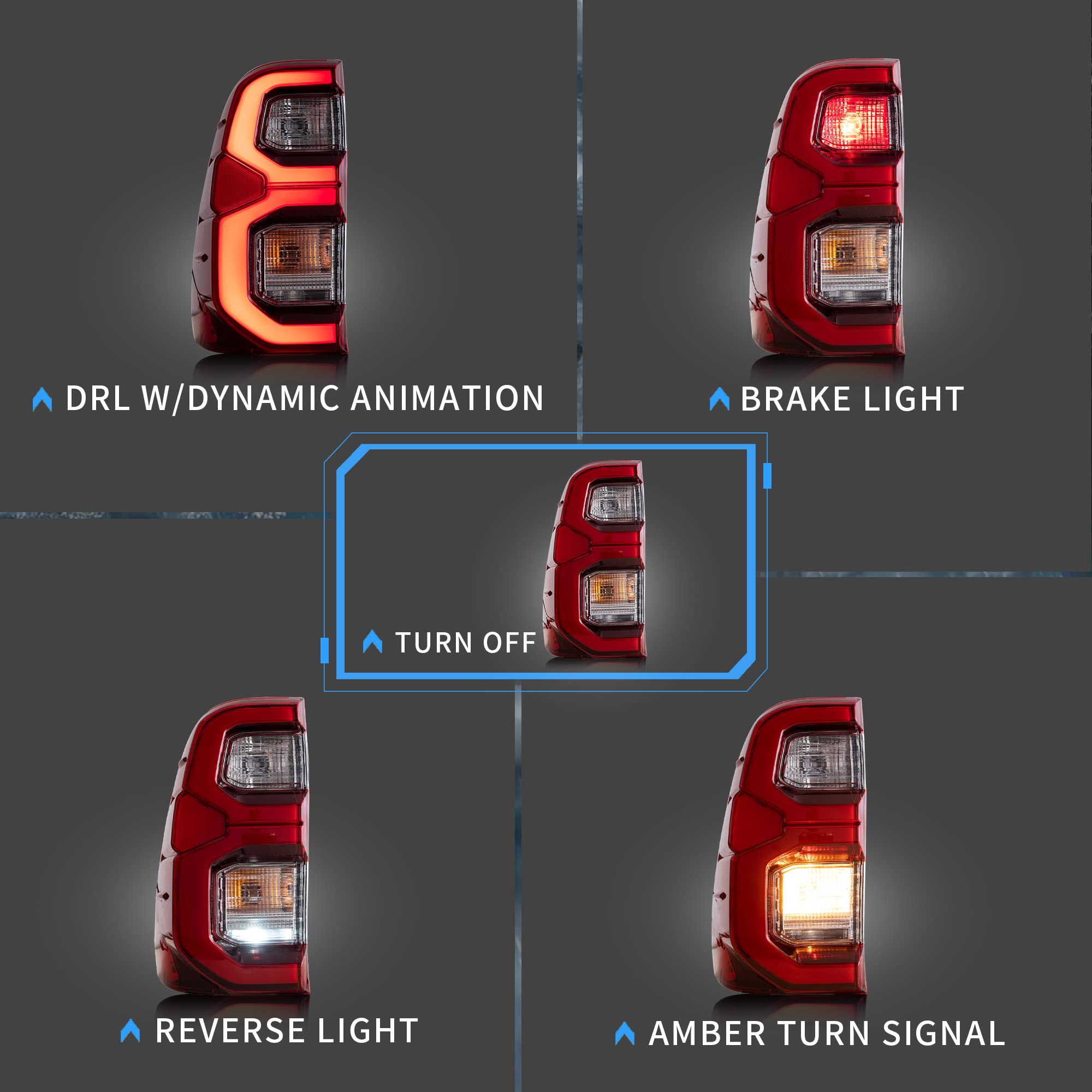VLAND LED Tail Lights for Toyota Hilux 2015-2020 Revo Pickup Truck - Dynamic Animation Running Lights, Red Rear Lamp Assembly (Passenger & Driver Sides, LHD) - Perfect for Night Driving & Custom Car Upgrades