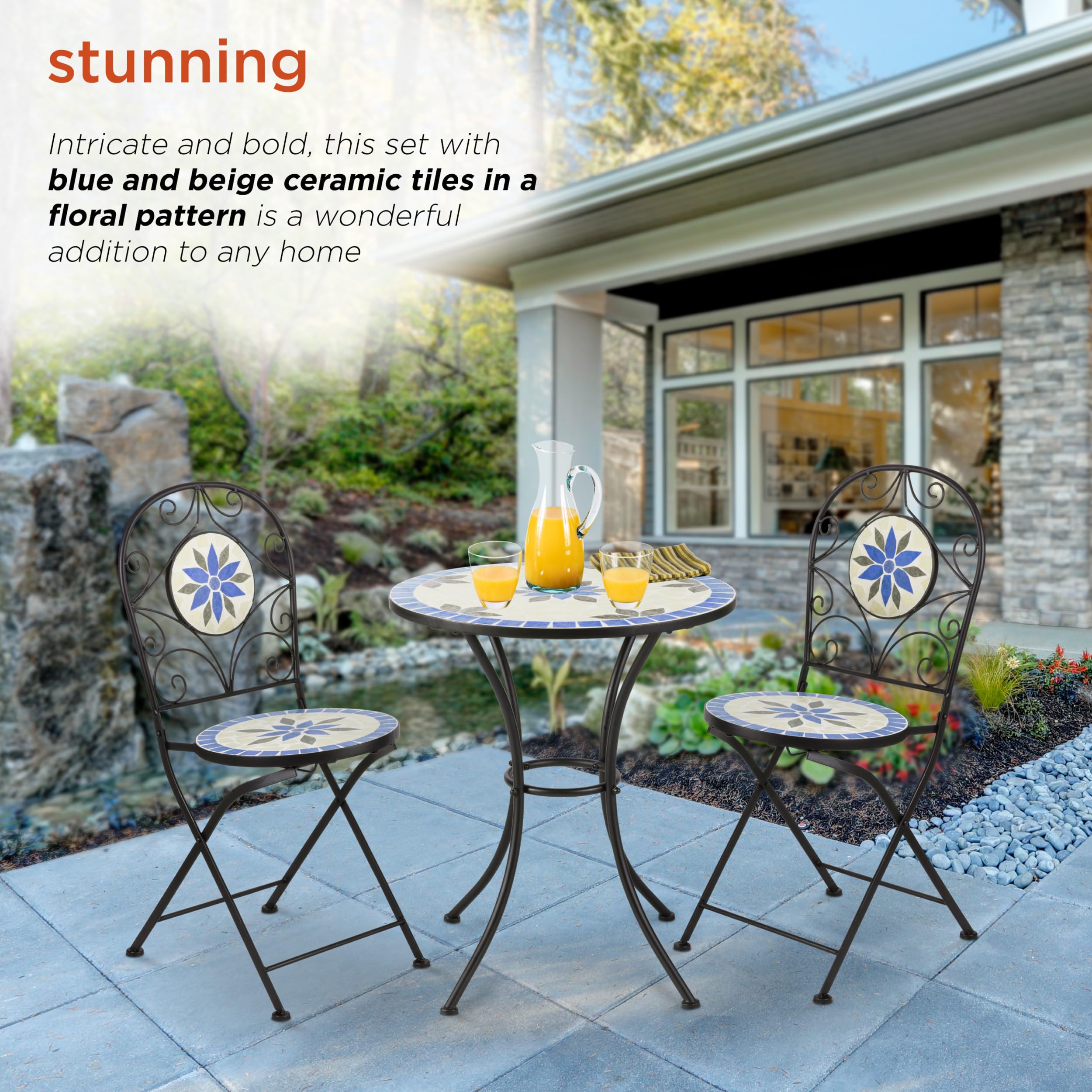 Alpine Corporation 3-Piece Blue and Beige Mosaic Bistro Set - Outdoor Patio Dining Furniture for Garden, Balcony & Backyard