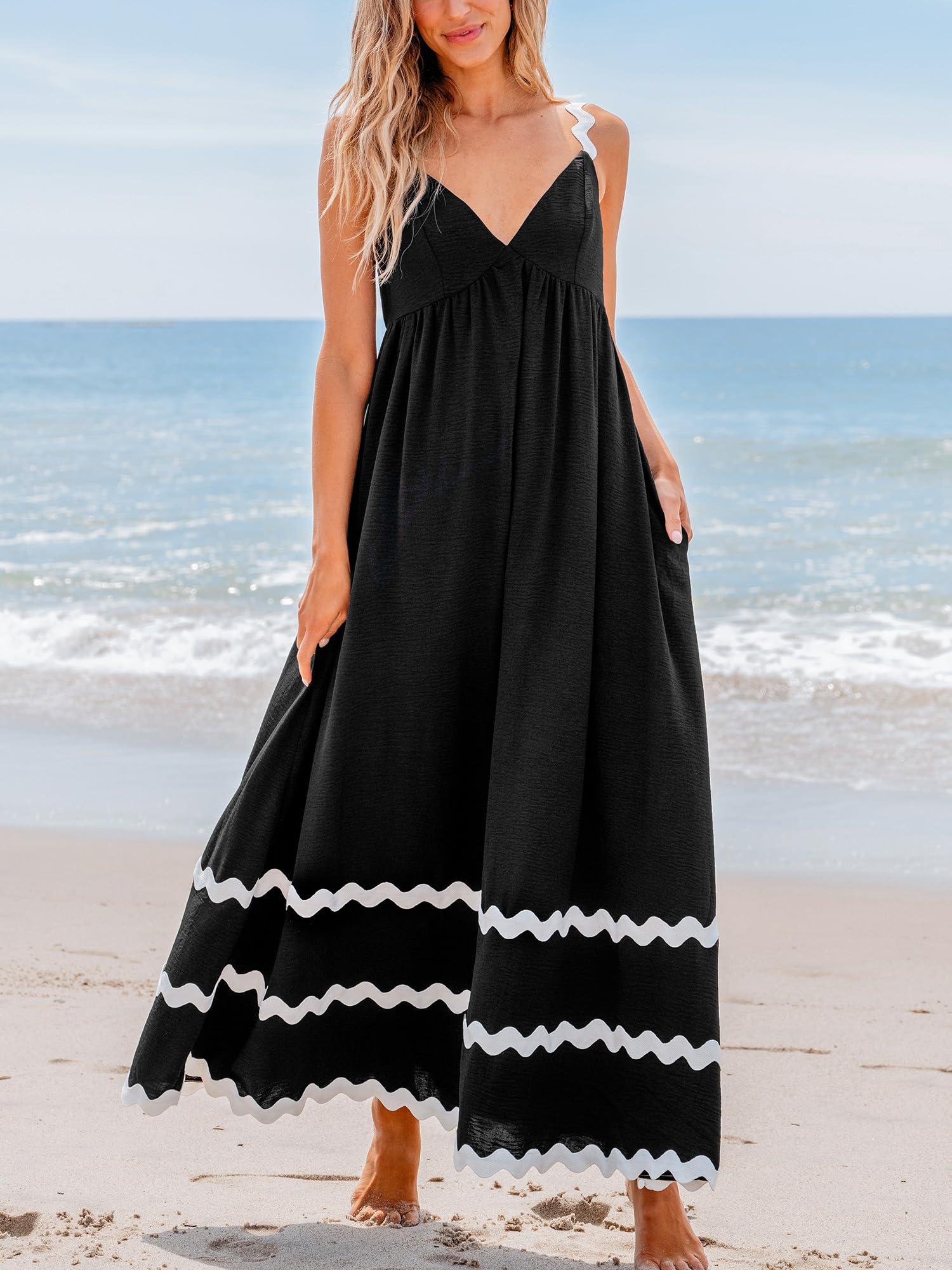 CUPSHE Women's Maxi Dress - V Neck Summer Sundress, Sleeveless Flowy Long Dress with Pockets | Beach Cover Up, Wedding Guest Dress, Casual Party Outfit