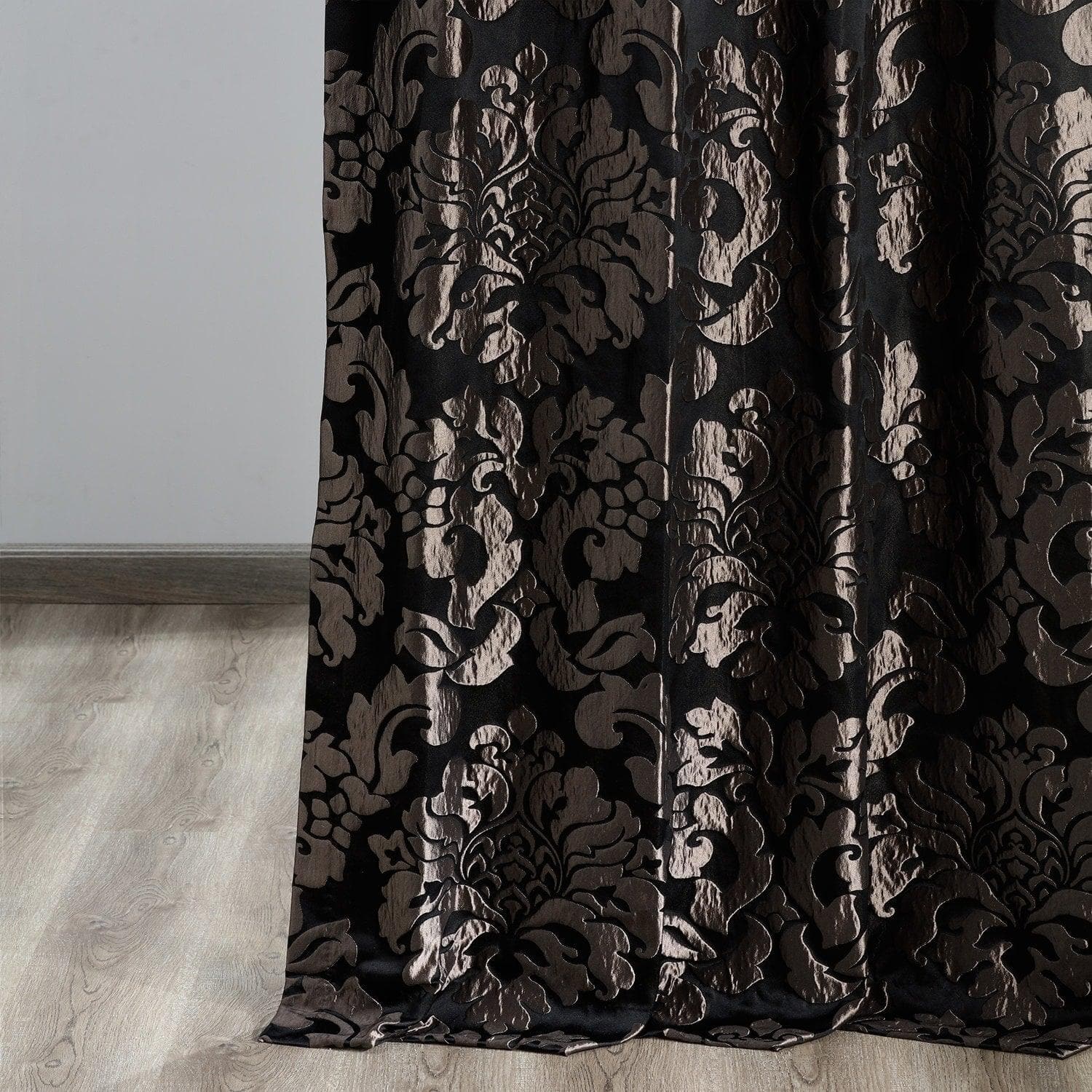Astoria Black & Pewter Damask Faux Silk Jacquard Blackout Curtains - Elegant Window Treatment for Bedroom & Living Room