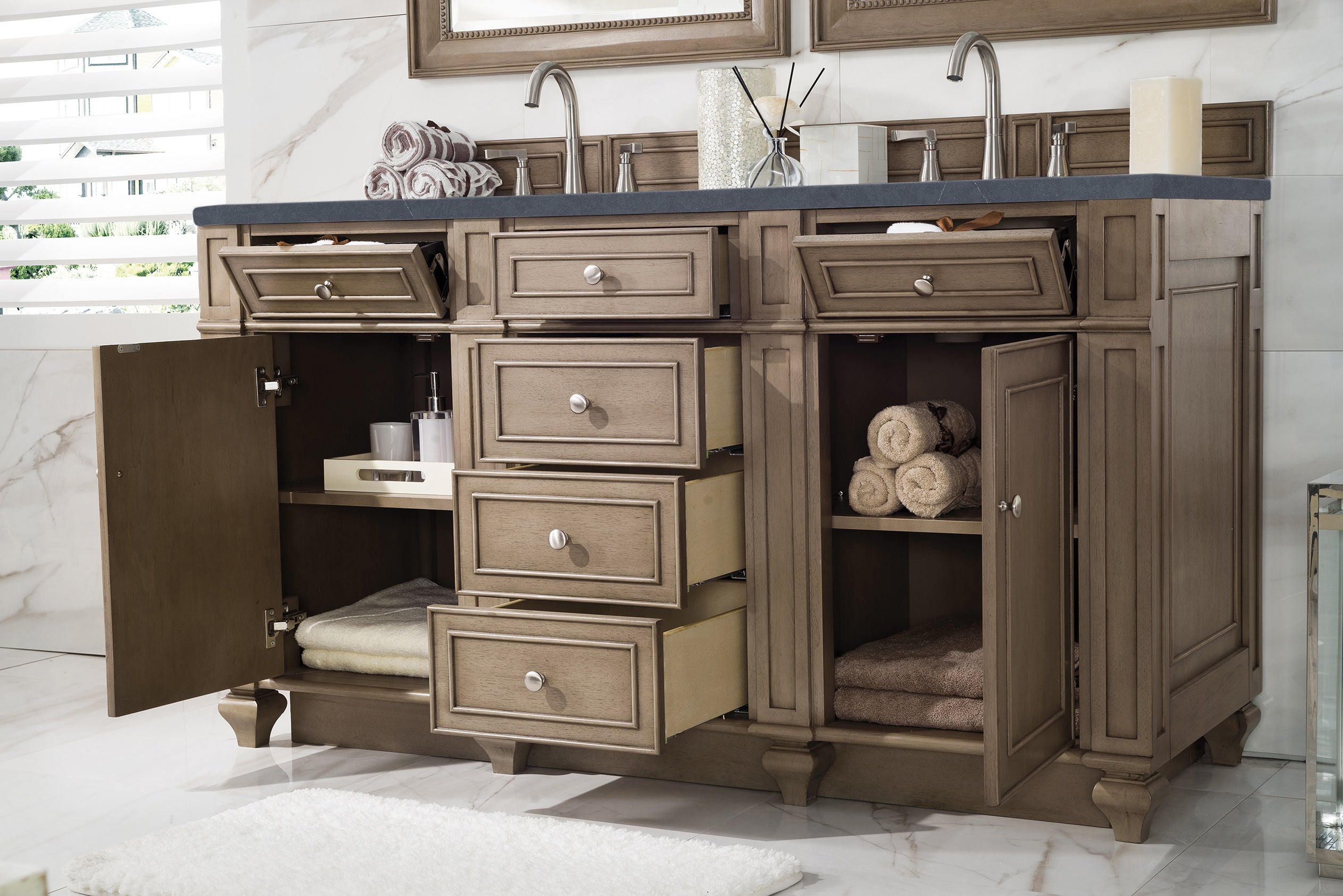 Bristol 60 Inch Double Bathroom Vanity with Whitewashed Walnut Finish and 3CM Charcoal Soapstone Quartz Countertop - Perfect for Master Bathroom Renovation and Modern Home Decor