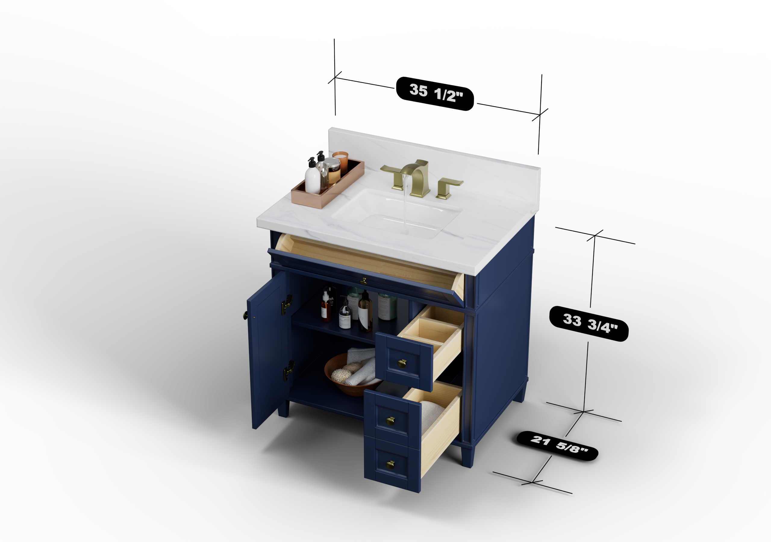 Kensington 35.5 Inch All-Wood Navy Blue Right Drawer Vanity Cabinet - Perfect for Bathroom Storage & Organization
