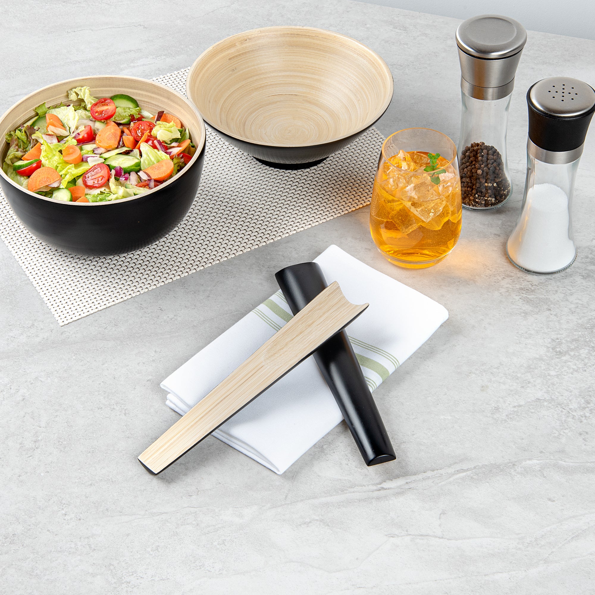 Bambuddha Black Spun Bamboo 2-Piece Salad Serving Set - 9.75