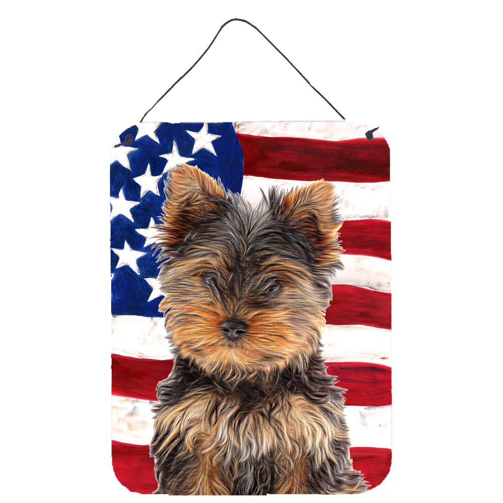 USA American Flag with Yorkie Puppy/Yorkshire Terrier Metal Wall Art - Aluminum Hanging Sign for Kitchen, Bar, Bathroom & Front Door Decor - Patriotic Home & Office Wall Plaque for Dog Lovers
