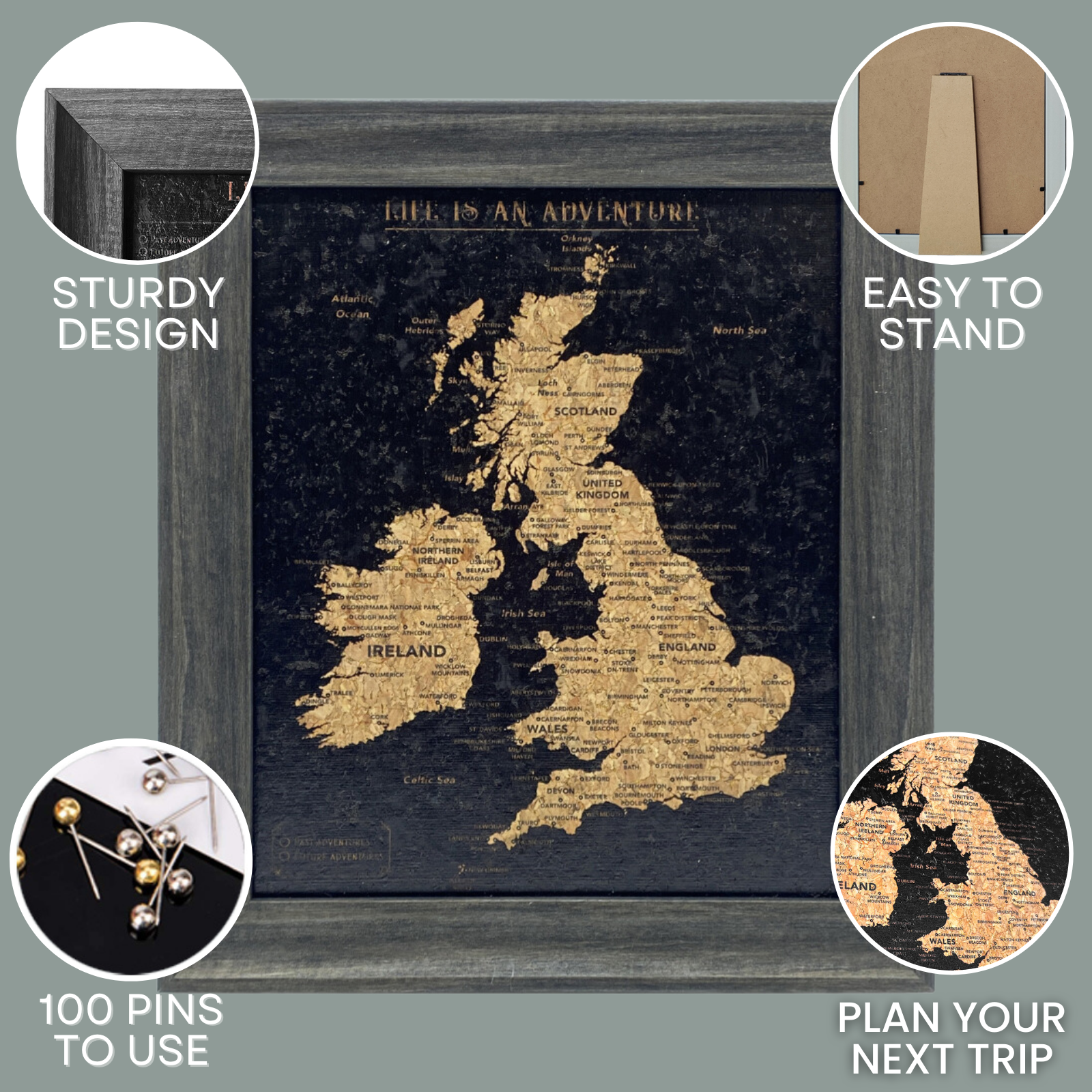 Waterproof Splosh Travel Map of UK & Ireland - Black Wall & Desk Map for Home, Office & Travel Planning | Perfect for Geography Enthusiasts & Adventurers