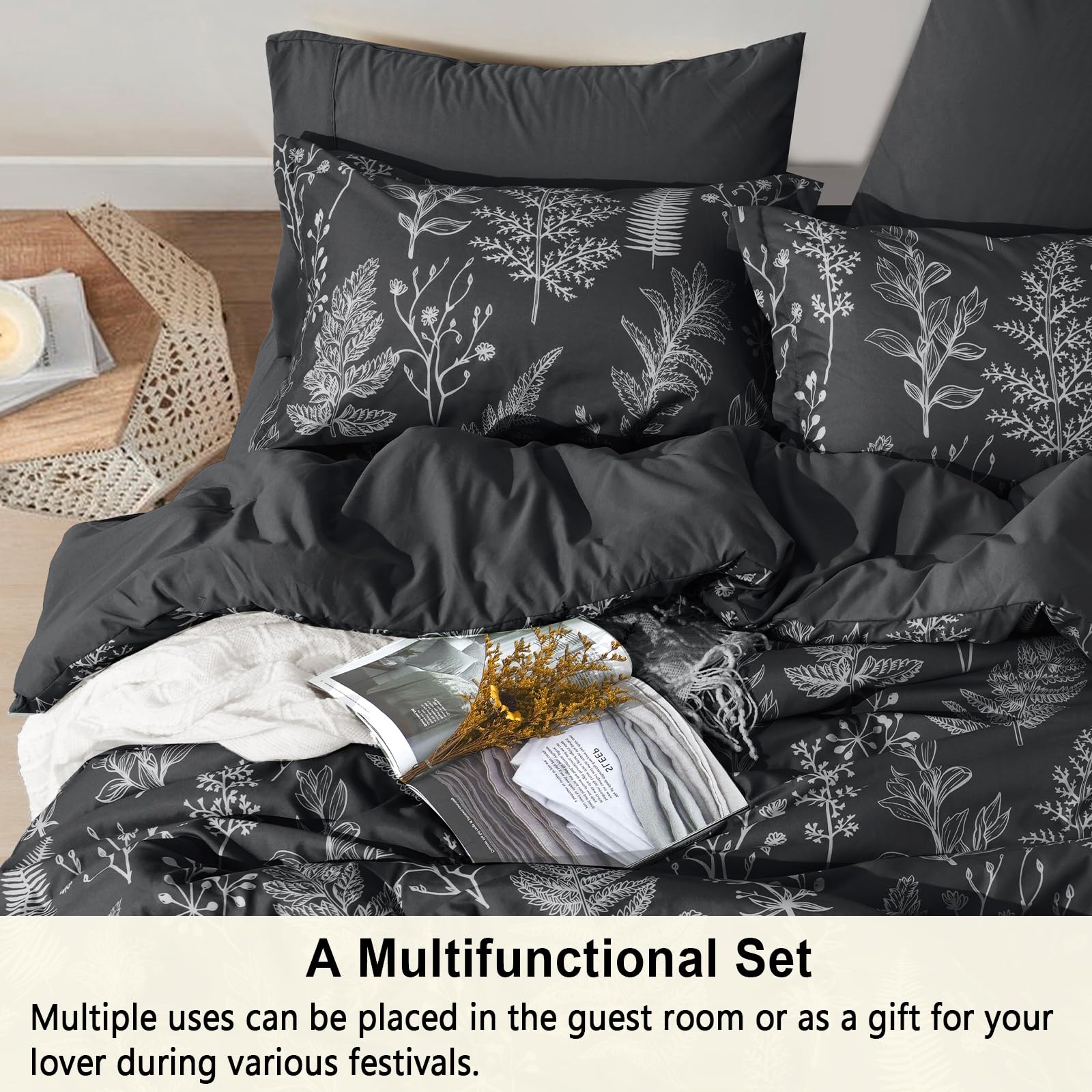 PHF 7-Piece Queen Comforter Set - Ultra Soft Reversible Botanical Bedding | Includes Comforter, Pillow Shams, Flat Sheet, Fitted Sheet & Pillowcases (Black) | Perfect for Master Bedroom, Guest Room & Cozy Home Decor