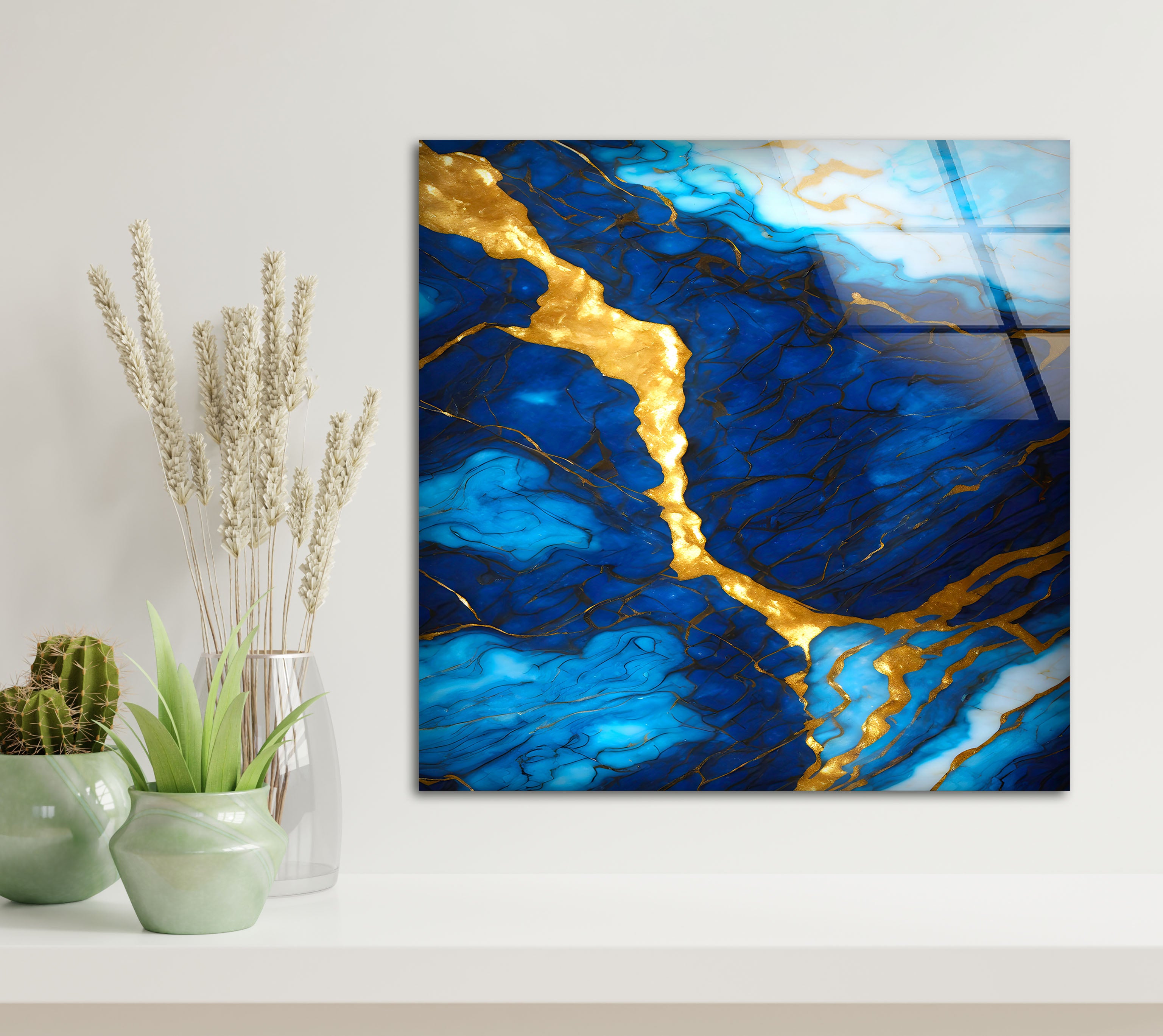 Blue and Gold Marble Wall Art - Elegant Glass Print with Rich Veins & Deep Texture | Modern Luxury Home Decor for Living Room, Bedroom & Office