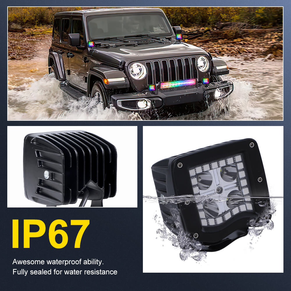 12W 3 Square Cube LED Work Lights with Chasing RGB Halo Ring - LOYO Phantom Series for Car Detailing, Garage Workshop & Home Decoration Lighting