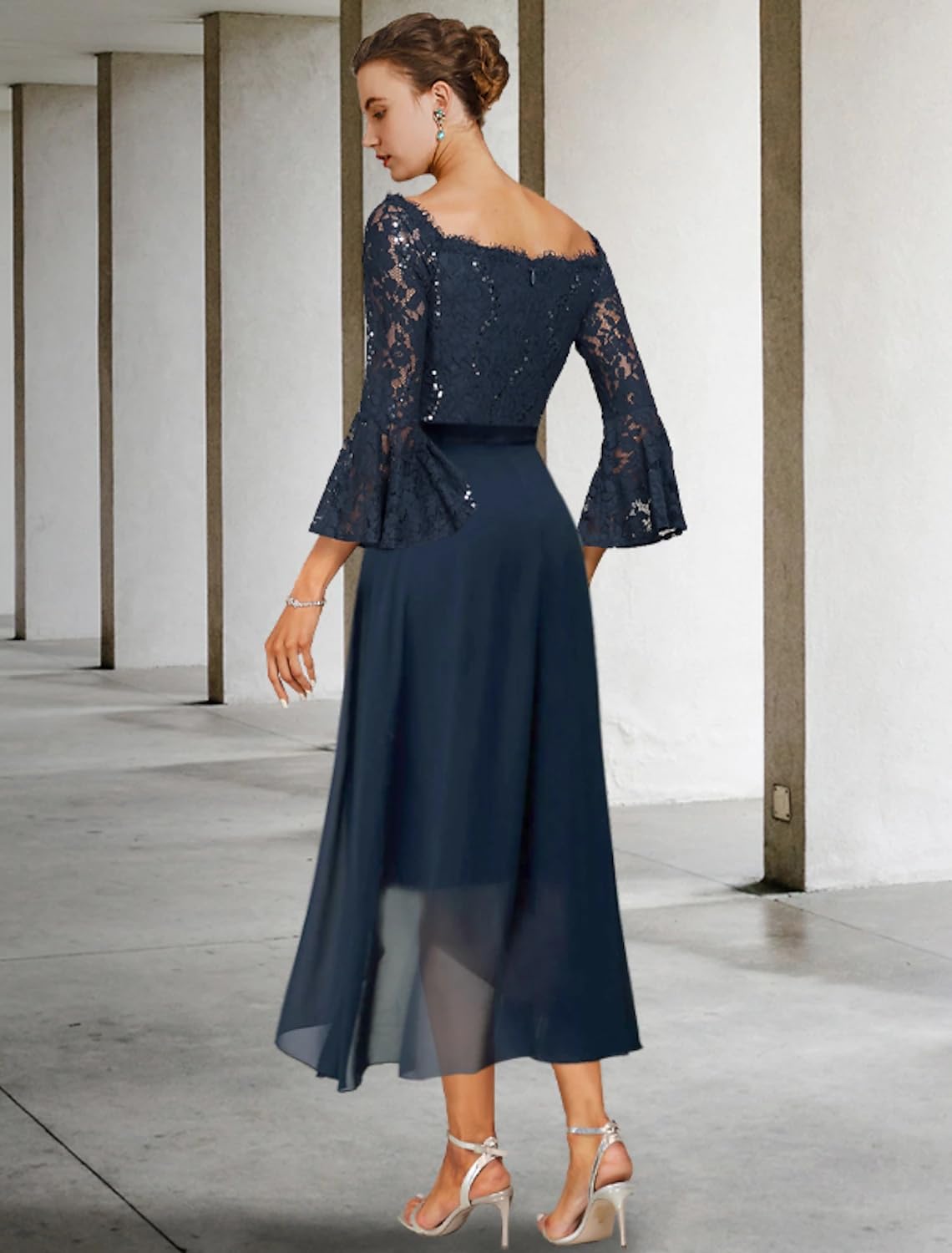 Elegant Dusty Pink Lace Wedding Guest Dress for Women - 3/4 Sleeve V-Neck Sheath Mother of The Bride Outfit with Bow | Perfect for Weddings, Parties, and Special Occasions