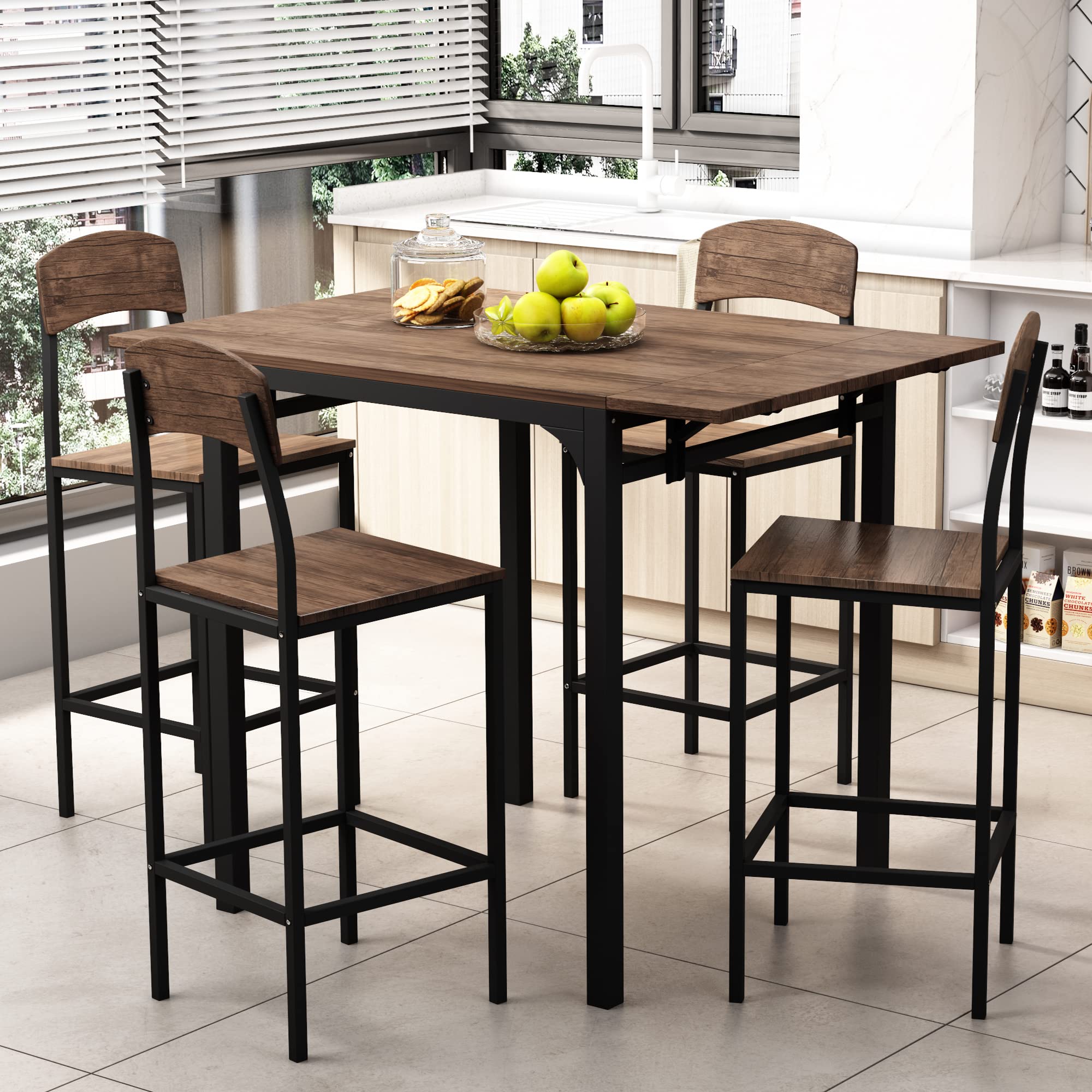 Farmhouse 5-Piece Counter Height Dining Set with Drop Leaf Table & 4 Chairs - Comfortable Footrest Design, Brown - Perfect for Small Kitchens, Breakfast Nooks, and Cozy Dining Spaces