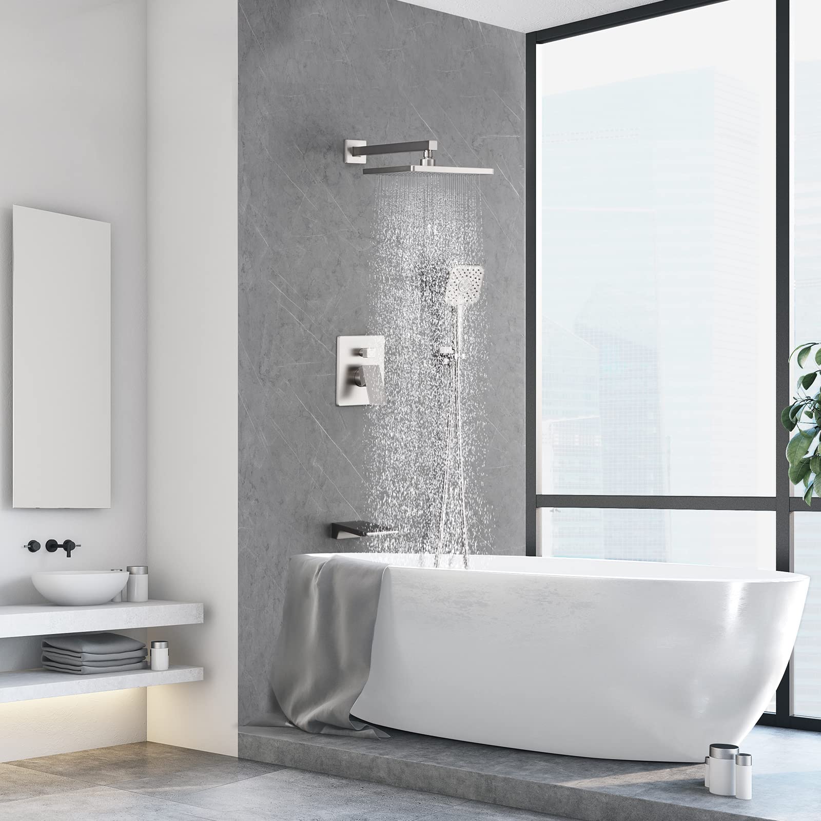 HomGoo 10 Inch Rain Shower System with Tub Spout - Brushed Nickel Wall Mount Shower Faucet Set Including Handheld Shower Head & Rough-in Valve - Perfect for Bathroom Renovation & Spa-Like Shower Experience