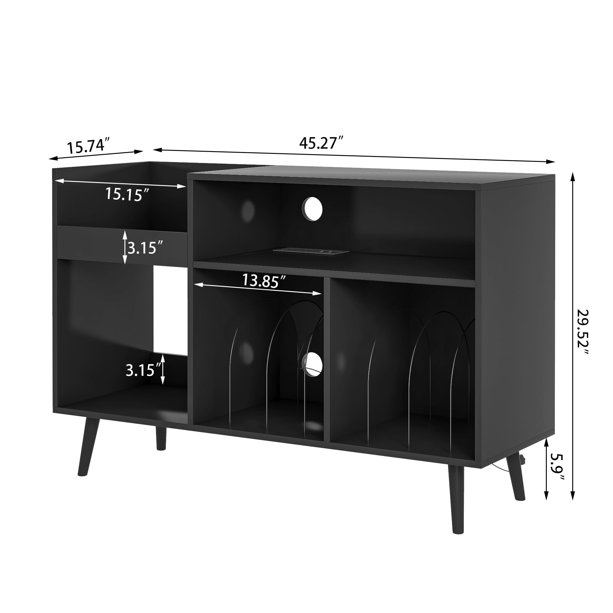 Mid Century Modern Record Player Stand with Charging Station & USB Ports - Vinyl Record Storage Cabinet Holds 350 Albums - Perfect for Living Room, Home Theater & Music Studio Decor