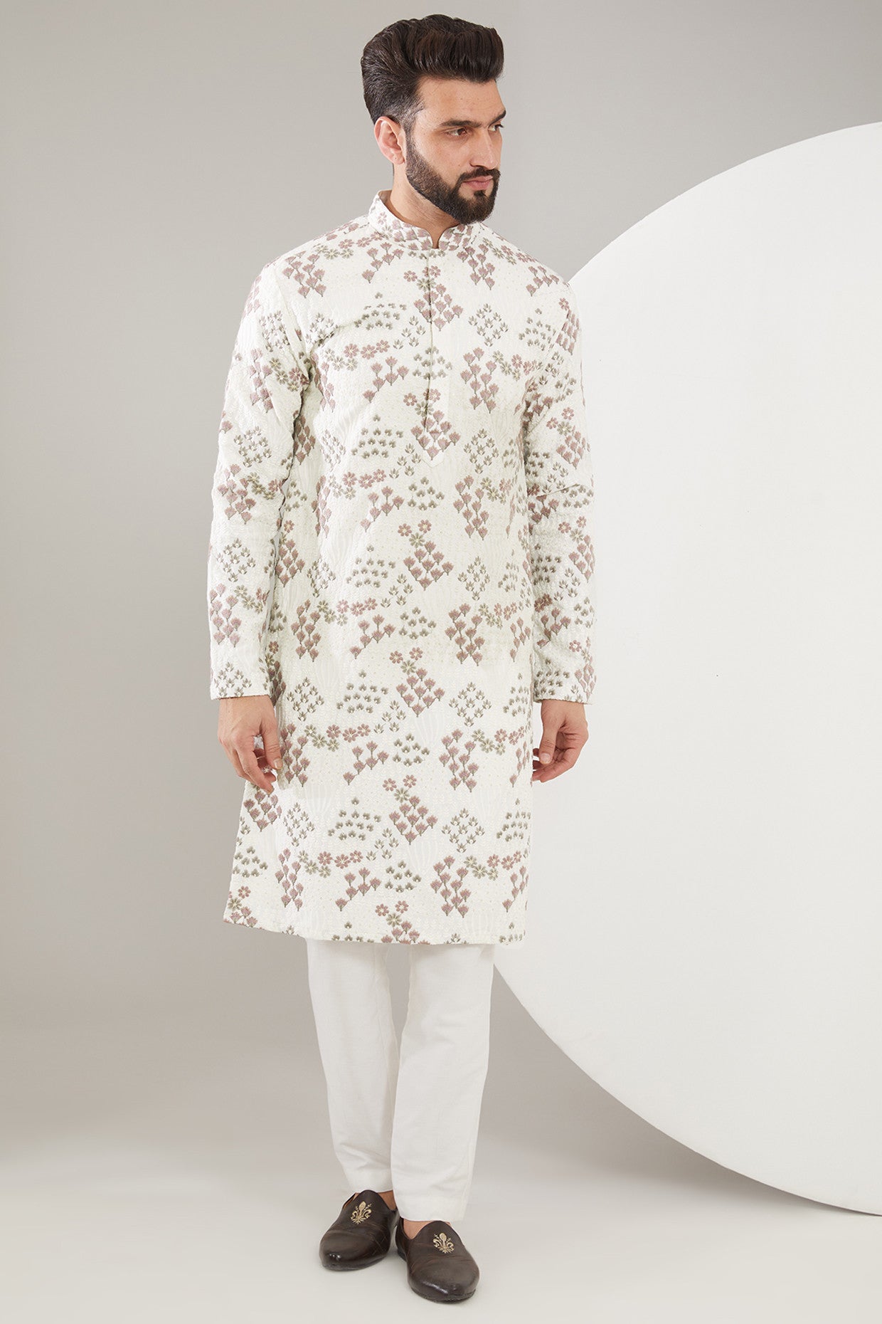 Lilac and White Floral Embroidered Kurta for Women - Elegant Indian Traditional Dress for Festivals, Weddings & Casual Wear