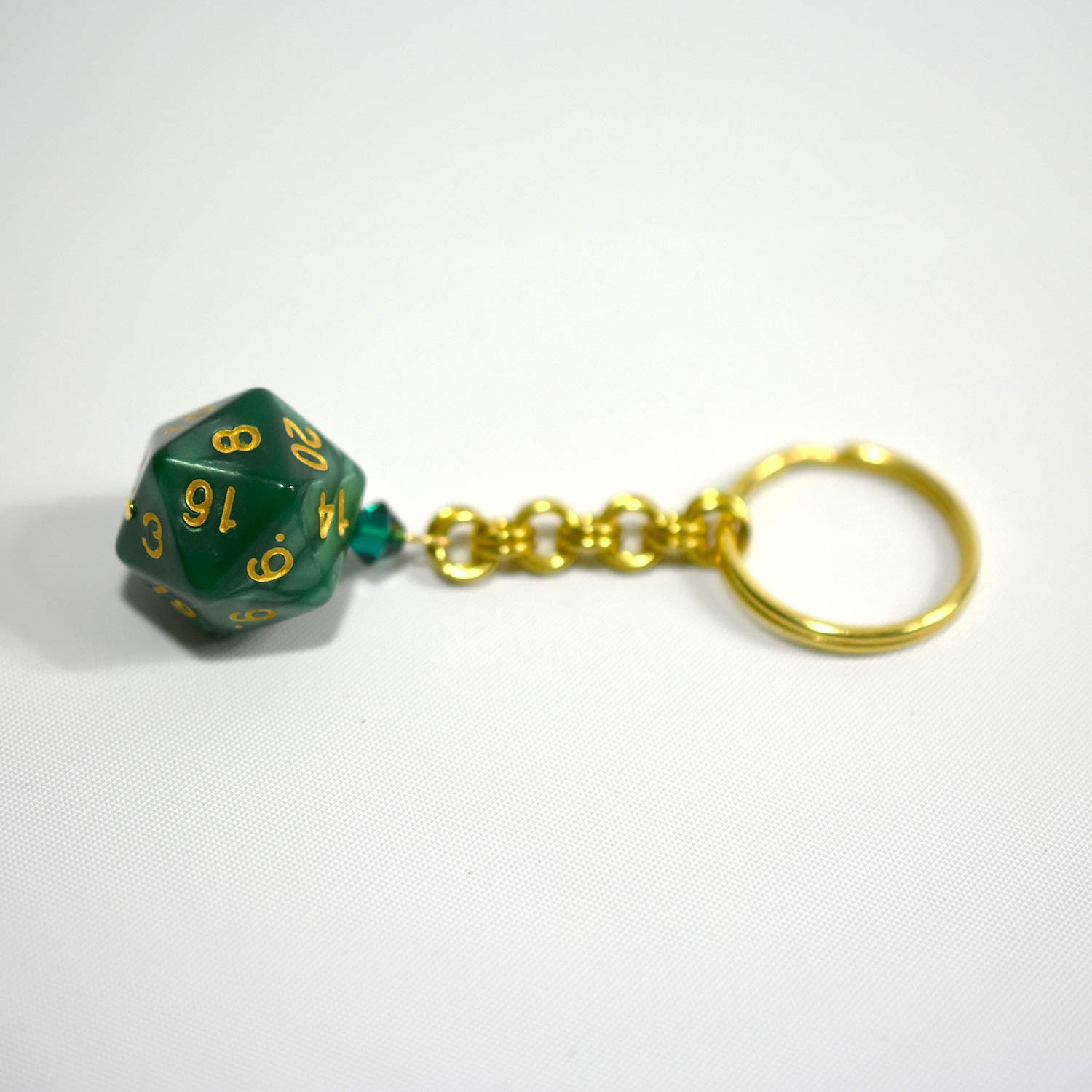 20-Sided D20 Dice Keychain - Green & Gold Polyhedral Gaming Accessory for D&D, MTG, RPG Tabletop Games & Gifts