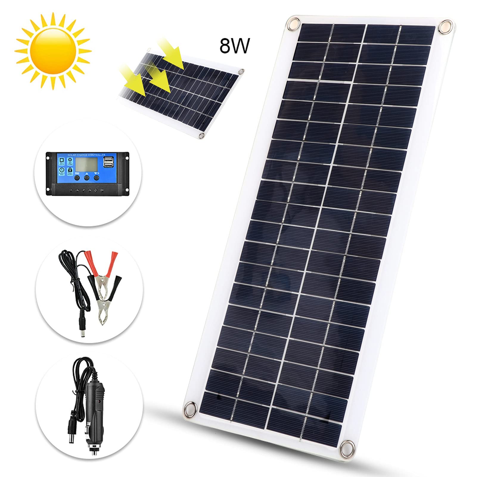 EXCLUZO 8W Flexible Solar Panel with Controller for Cars, Industrial Warehouses, Office Buildings & Outdoor Use - Portable Solar Charger for Camping, RV, Boats & Emergency Power Backup
