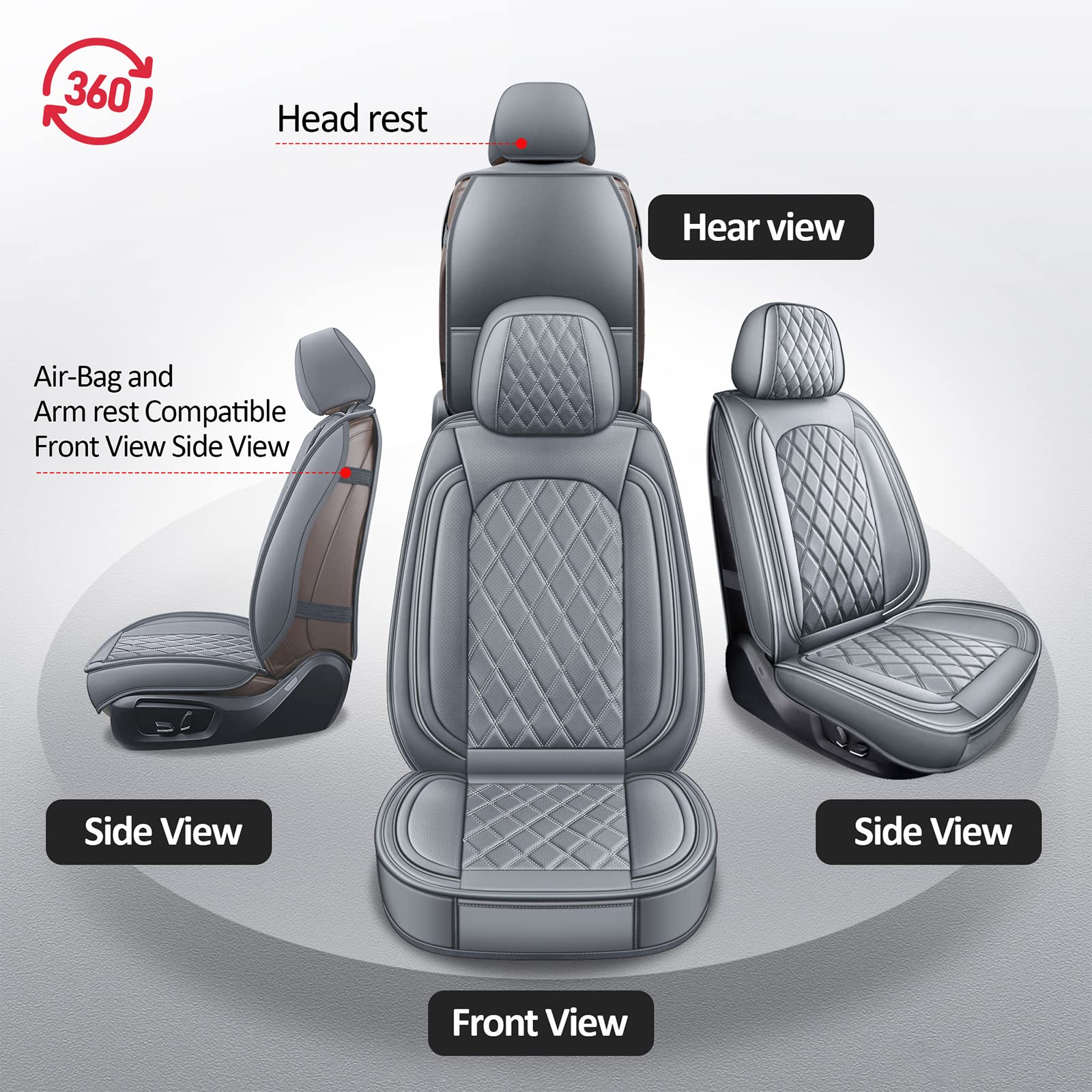 MIROZO 2PCS Waterproof Faux Leather Front Car Seat Covers - Universal Fit for Most Sedans, SUVs & Pickup Trucks (Grey) - Protect & Upgrade Your Vehicle Interior
