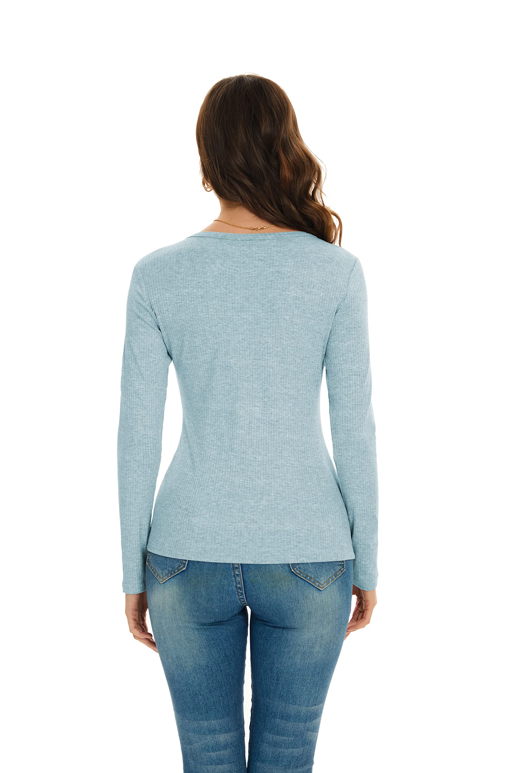 Women's Slim Fit Long Sleeve Henley T-Shirt - Ribbed Knit Button Down Scoop Neck Top for Casual Wear, Work & Fall Outfits | Soft Comfortable Daily Shirts