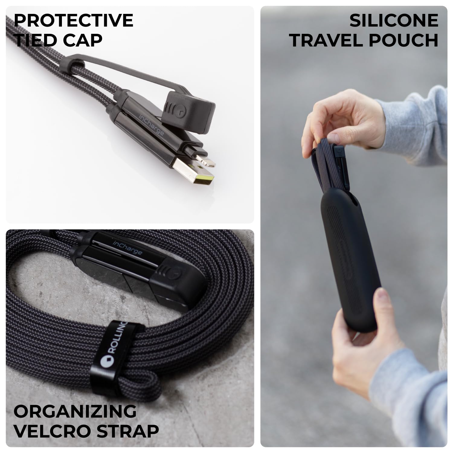 Rolling Square New inCharge XL 6-in-1 Multi Charging Cable (3-Pack) - 100W Ultra-Fast Charging, 10ft/3m USB & USB-C Cable for iPhone, Android, MacBook - Portable Charger for Travel, Home & Office Use - Black