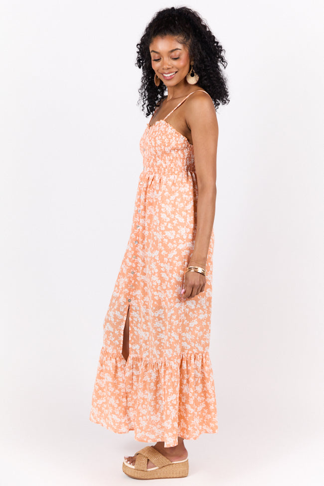 Blooming Beauty Orange Ditsy Floral Midi Dress - Women's Summer Casual Flowy Dress with Short Sleeves | Perfect for Beach Vacations, Garden Parties & Date Nights