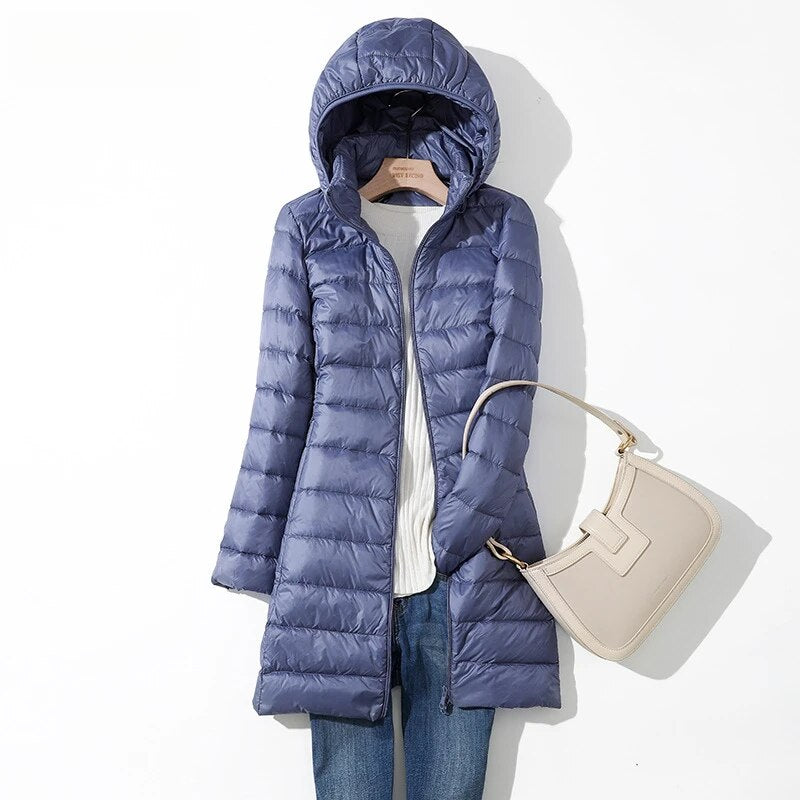 2024 Women's Winter Long Down Coat with Hood - Windproof Warm Puffer Jacket, Ultralight White Duck Feather, Plus Size Options - Perfect for Cold Weather, Snow Activities & Daily Commute