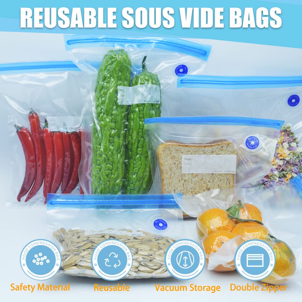 Premium Reusable Sous Vide Bags - 20 Pack (8.3x8.7in/21x22cm) BPA Free Vacuum Sealer Bags for Fresh Food Storage - Perfect for Meal Prep, Sous Vide Cooking & Freezer Organization
