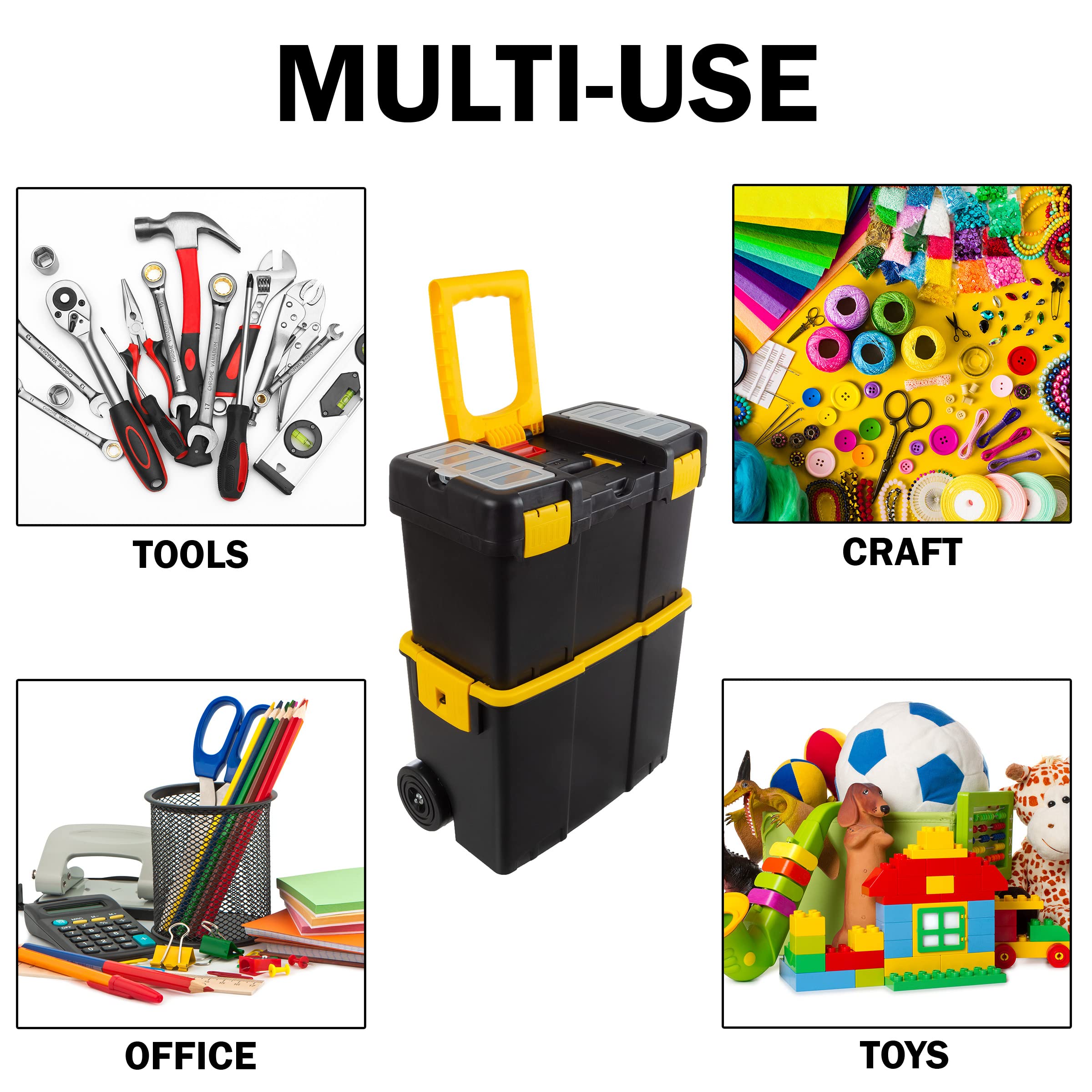 Stalwart 2-in-1 Portable Tool Box with Wheels - Stackable Tool Chest with Fold-Down Comfort Handles, Heavy-Duty Latches & Removable Storage Trays (Black/Yellow) - Perfect for Home Garage, Workshop & Job Site Organization