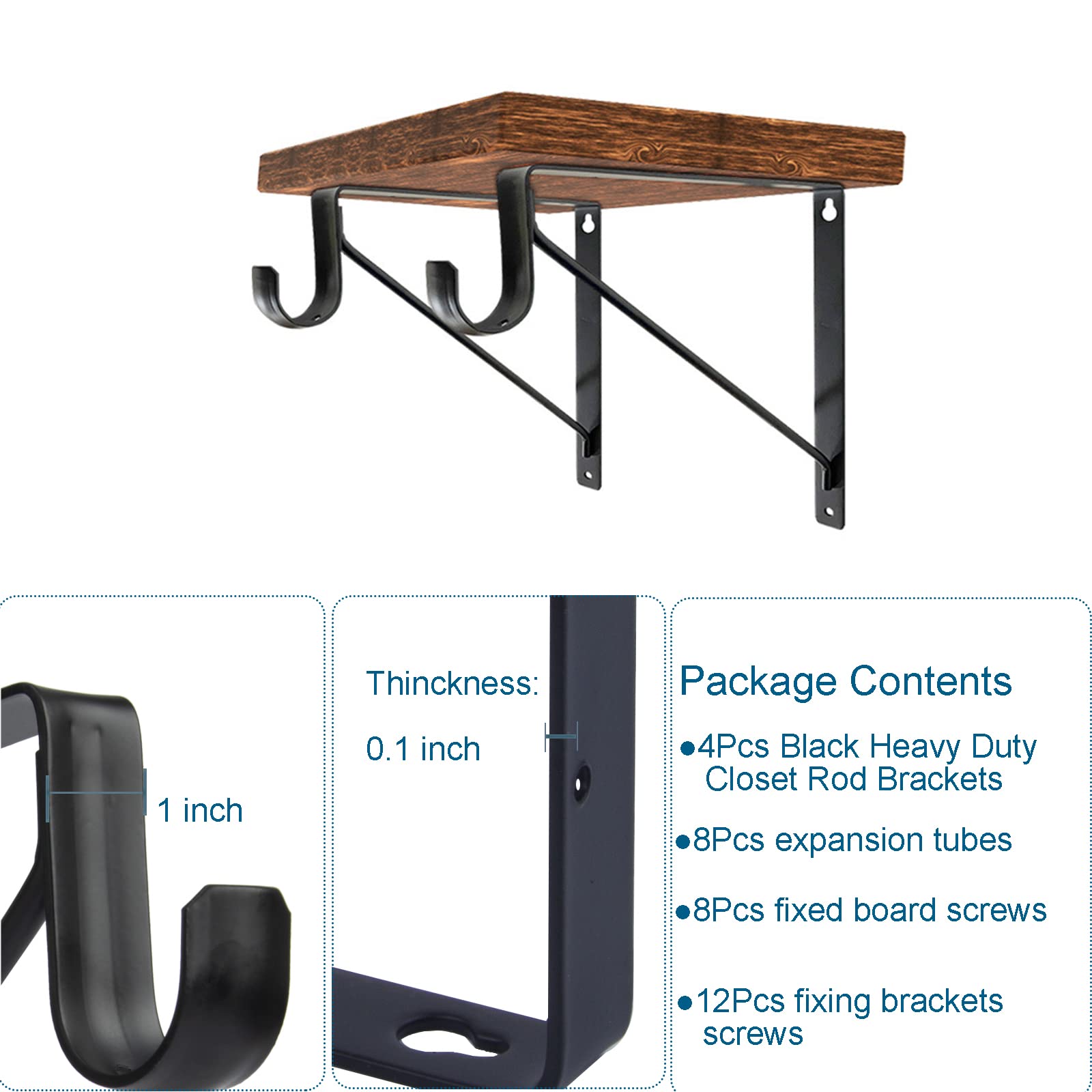 4 Pack Heavy Duty 12 Inch Closet Rod Support Brackets - 10.9 x 12.3 x 1 Inch Black Metal Hangers for Walk-in Closets, Shelving & Wardrobe Organization (Perfect for Home, Apartment & DIY Storage Solutions)