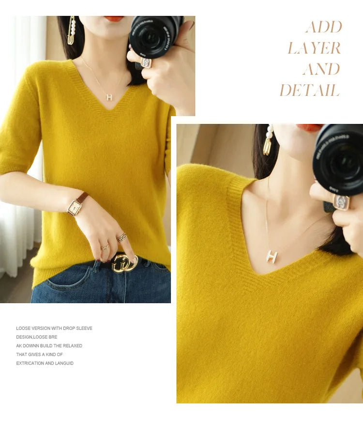 Solid Color V-Neck Half-Sleeve Cashmere Sweater for Women - Soft Thin Knit Casual Top for Office Wear & Fall Layering