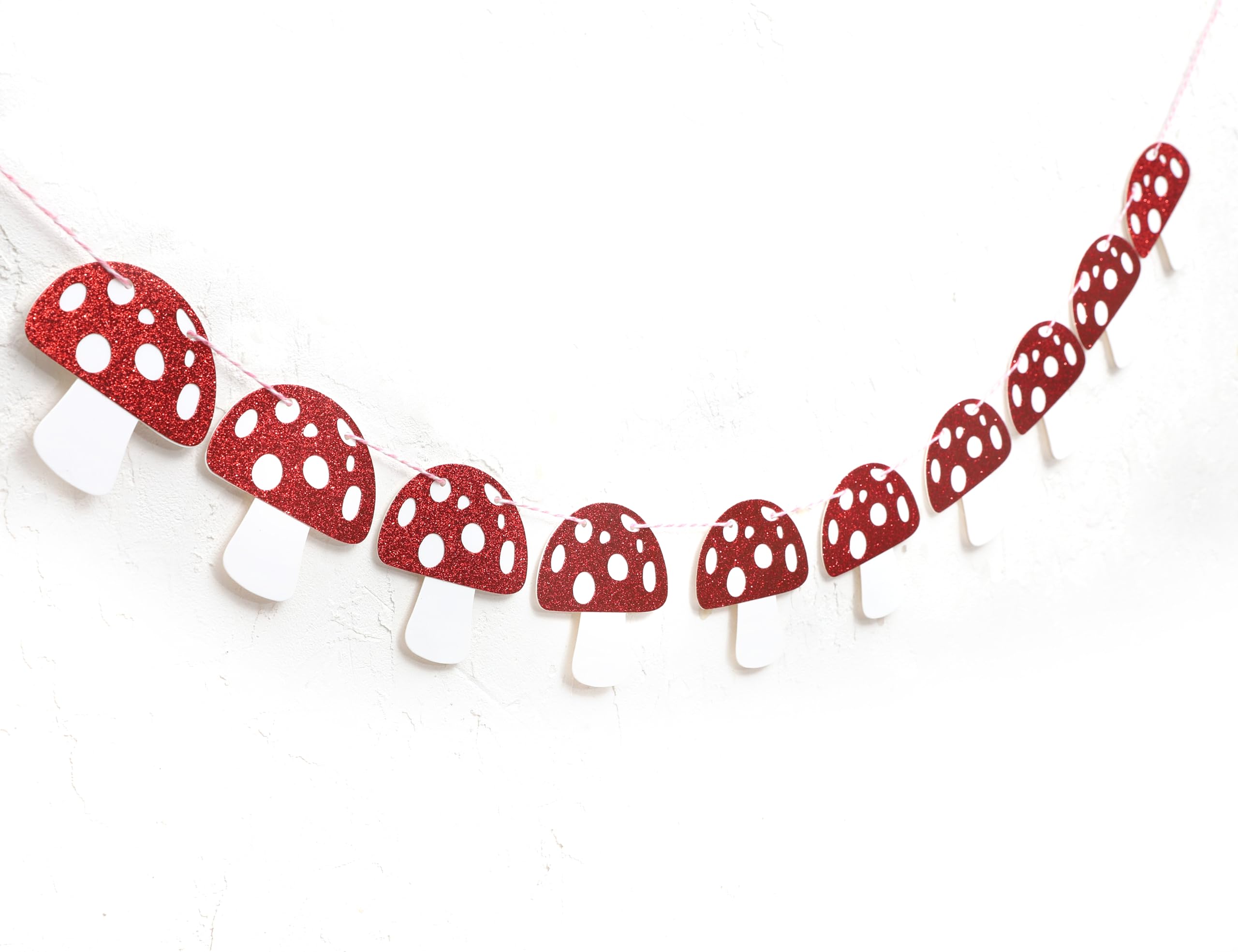 Red Glitter Mushroom Garland - Woodland Party Decorations, Fairy Birthday Banner, Mushroom Theme Party Supplies for Forest Themed Events, Baby Showers & Boho Home Decor