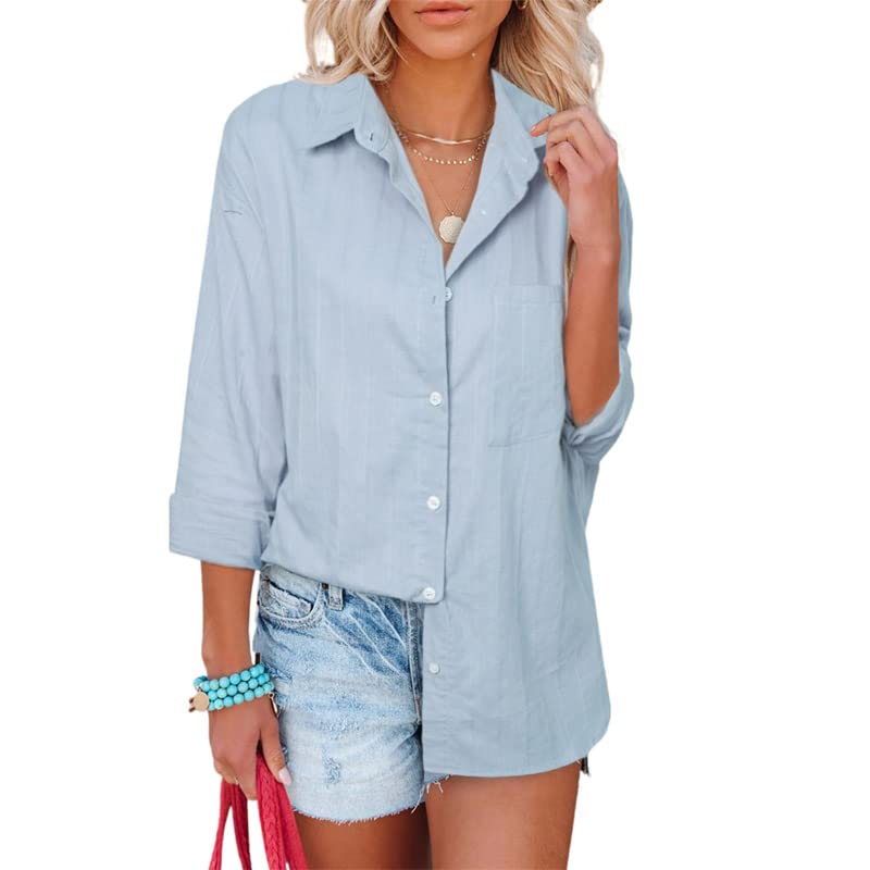 Women's Long Sleeve Striped Button Down Shirt - Loose Fit Casual Blouse with Lapel Collar & Pocket - Perfect for Office Wear, Weekend Outfits & Everyday Fashion