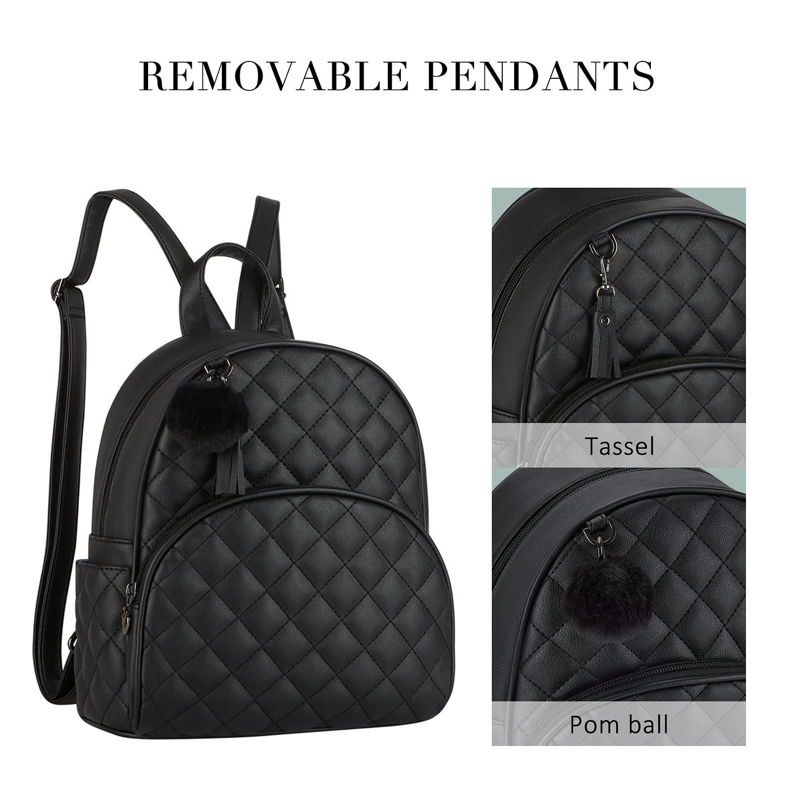 ECOSUSI Mini Backpack for Women - Genuine Leather Small Backpack Purse with Cute Pom Charm & Tassel - Perfect for Travel, School & Everyday Use (Black)