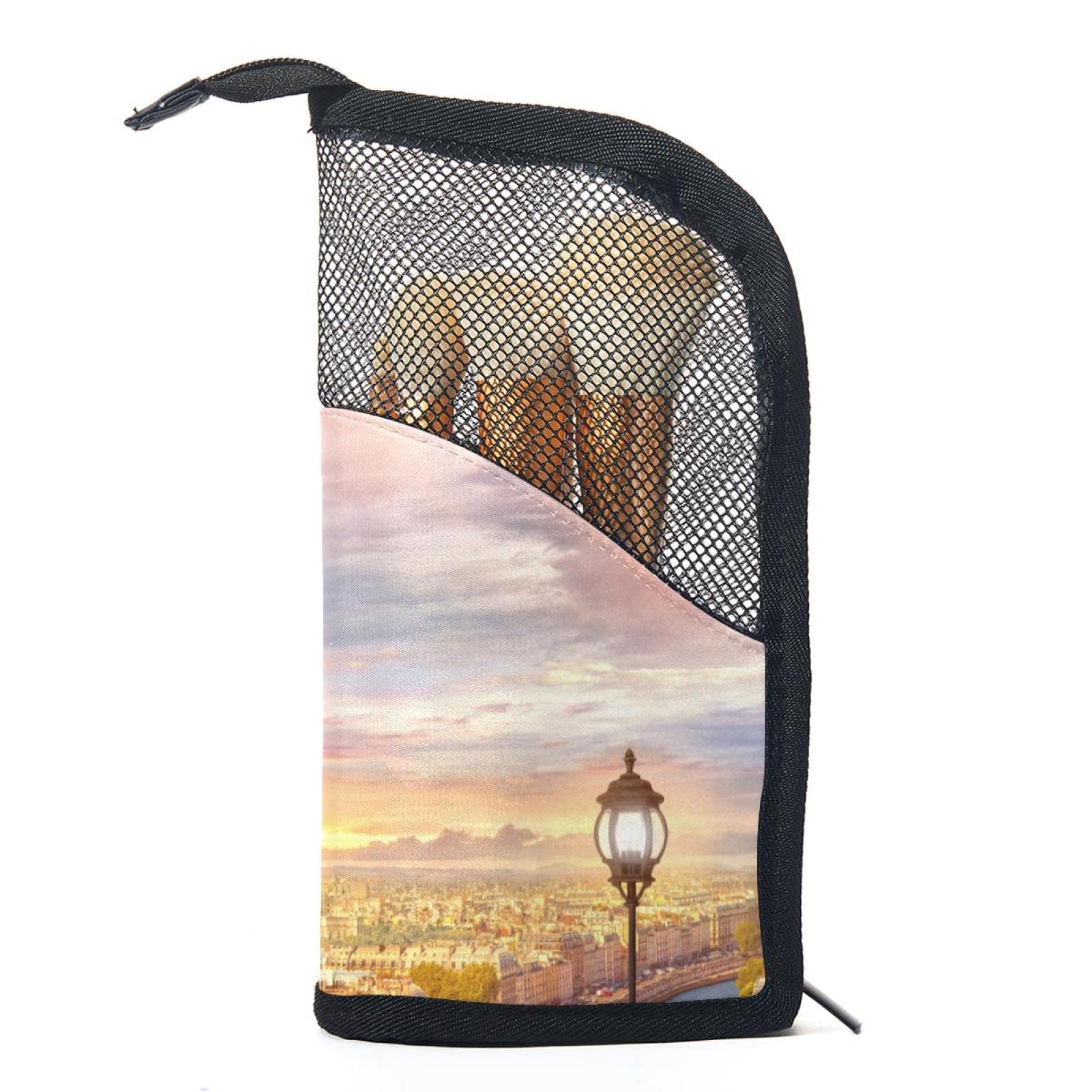 12-Piece Makeup Brush Organizer Bag with Eiffel Tower Sunset Paris Design - Portable Travel Cosmetic Brush Holder Case for Professional & Home Use