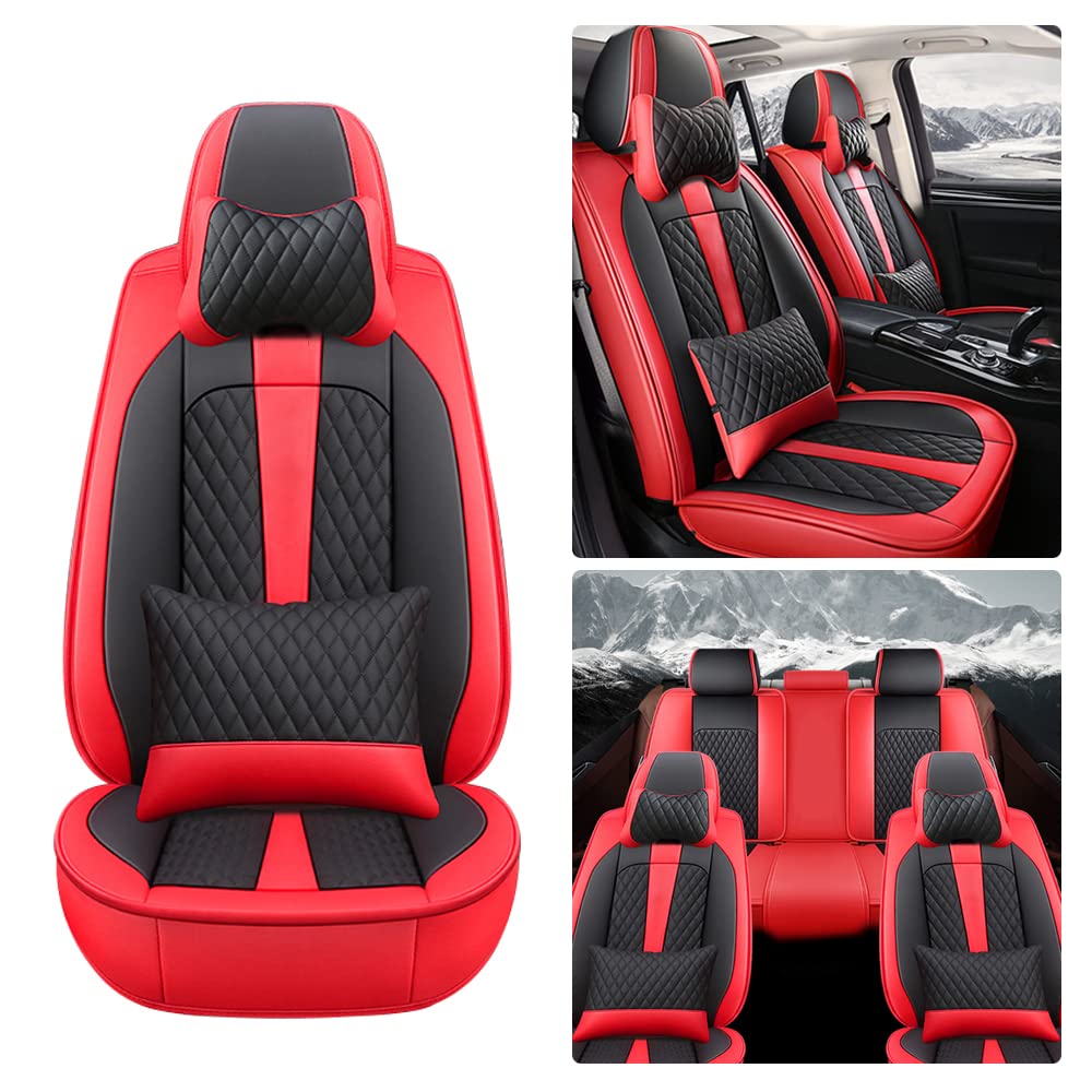 Premium Waterproof Leather Car Seat Covers for Ford F350 - Scratch Resistant, Non-Slip, Airbag Compatible Full Set (Black/Red) - Perfect for Truck Owners, Road Trips & Off-Road Adventures