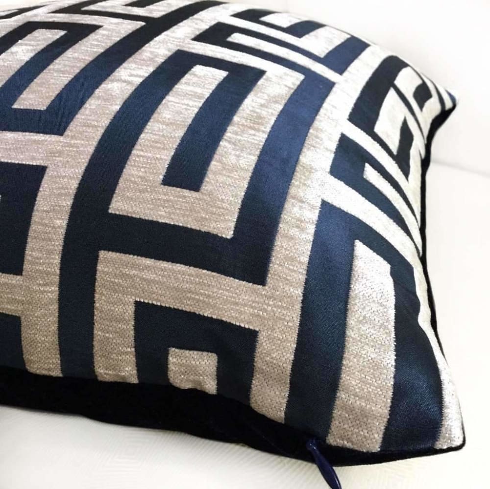 Alexander Navy Blue & Taupe Greek Key Chenille Texture Pillow Cover - Decorative Throw Pillow Case for Sofa, Bed, Living Room (Fabric by the Yard Available) - Home Decor Accent for Modern & Classic Interiors
