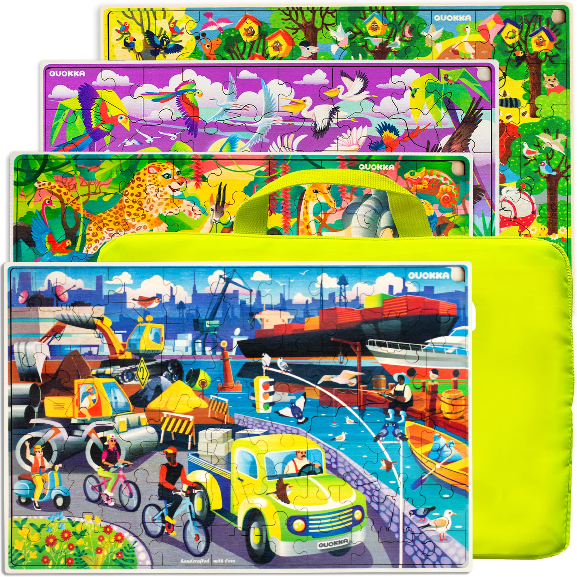 QUOKKA Wooden Puzzles for Kids Ages 3-8 - 4 Pack 60-Piece Toddler Puzzles with Cars, Ships & Animals - Educational Wooden Toys for Boys & Girls - Perfect for Birthday Gifts & Early Learning Activities