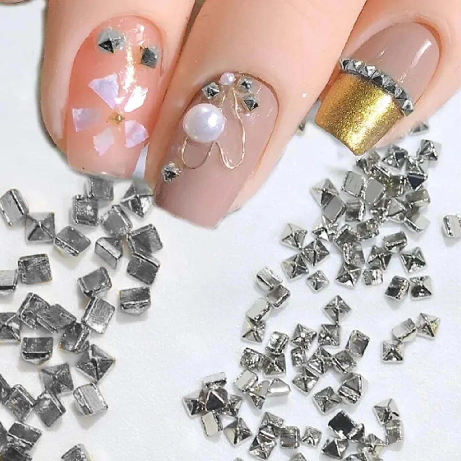 Silver Square Spire Nail Charms - 600pcs Alloy Rivets for Acrylic Nails - Punk Style Nail Art for Women (3 Sizes) - Perfect for DIY & Salon Use