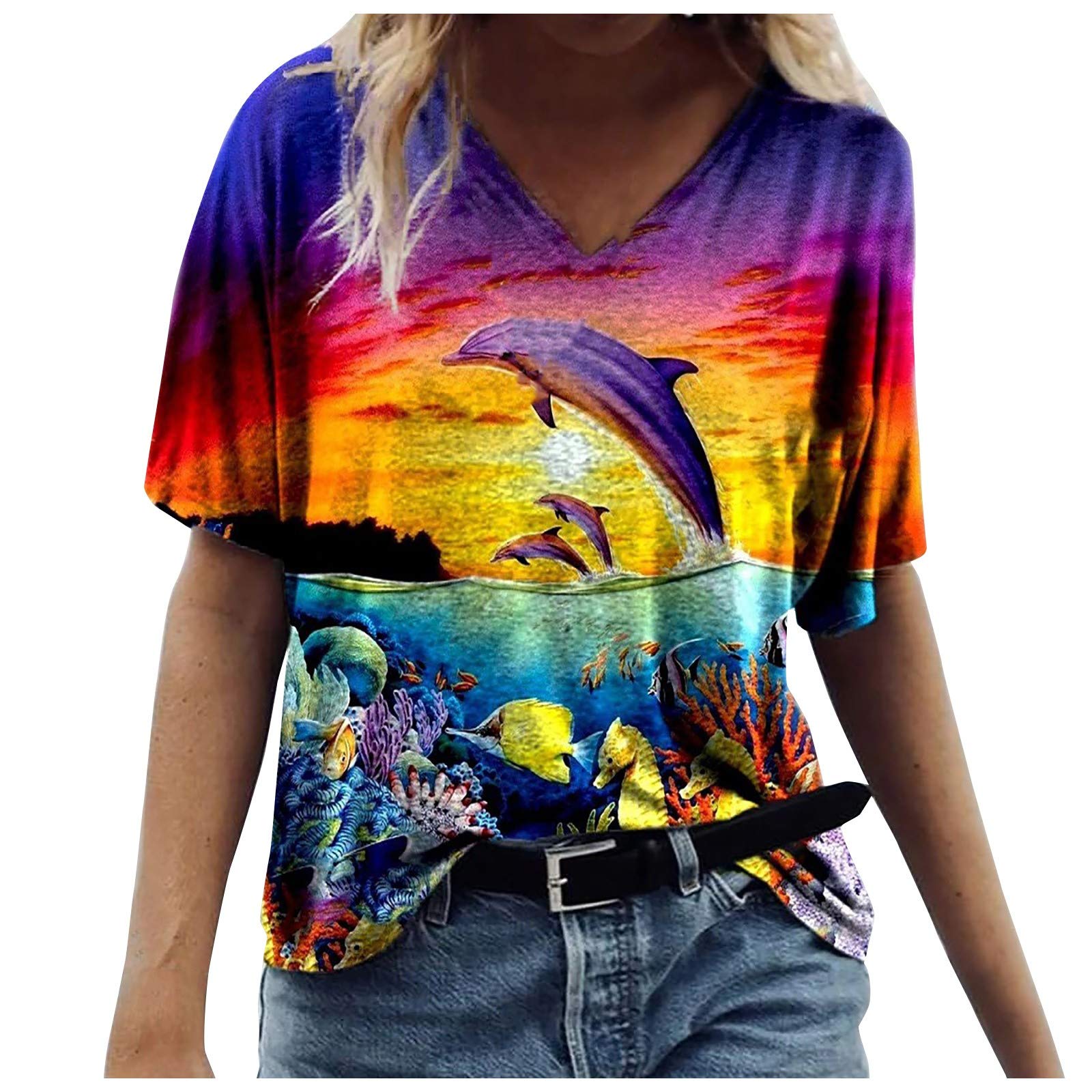 UIKMNH Women's Short Sleeve V-Neck Dolphin T-Shirt - Summer Casual Top for Women | Perfect for Beach, Vacation & Everyday Wear