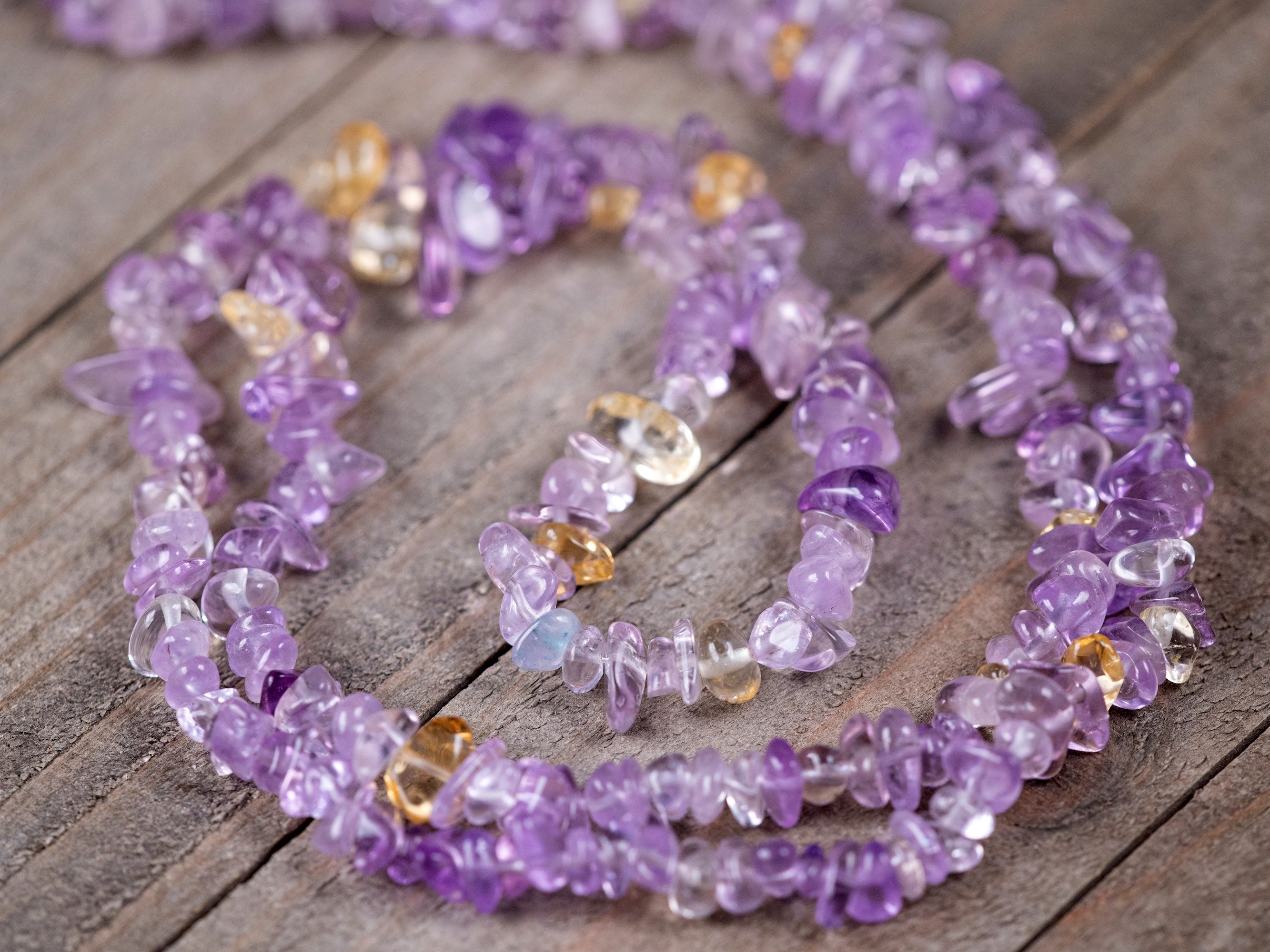 Amethyst Citrine Crystal Necklace - Natural Gemstone Chip Beads Long Beaded Necklace, Handmade Boho Jewelry for Women, Healing Crystal Gift for Meditation & Yoga