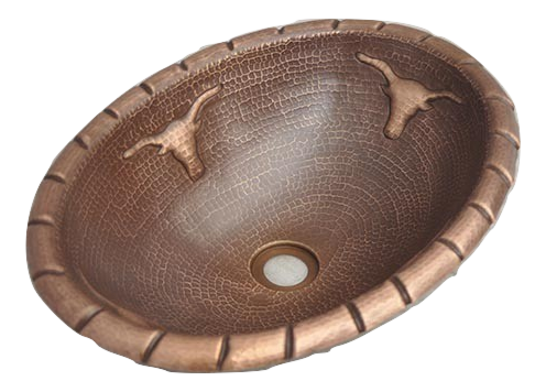 Handmade Oval Copper Sink with Longhorn Bull Design - Rustic Farmhouse Kitchen Decor for Bathroom & Bar Sink