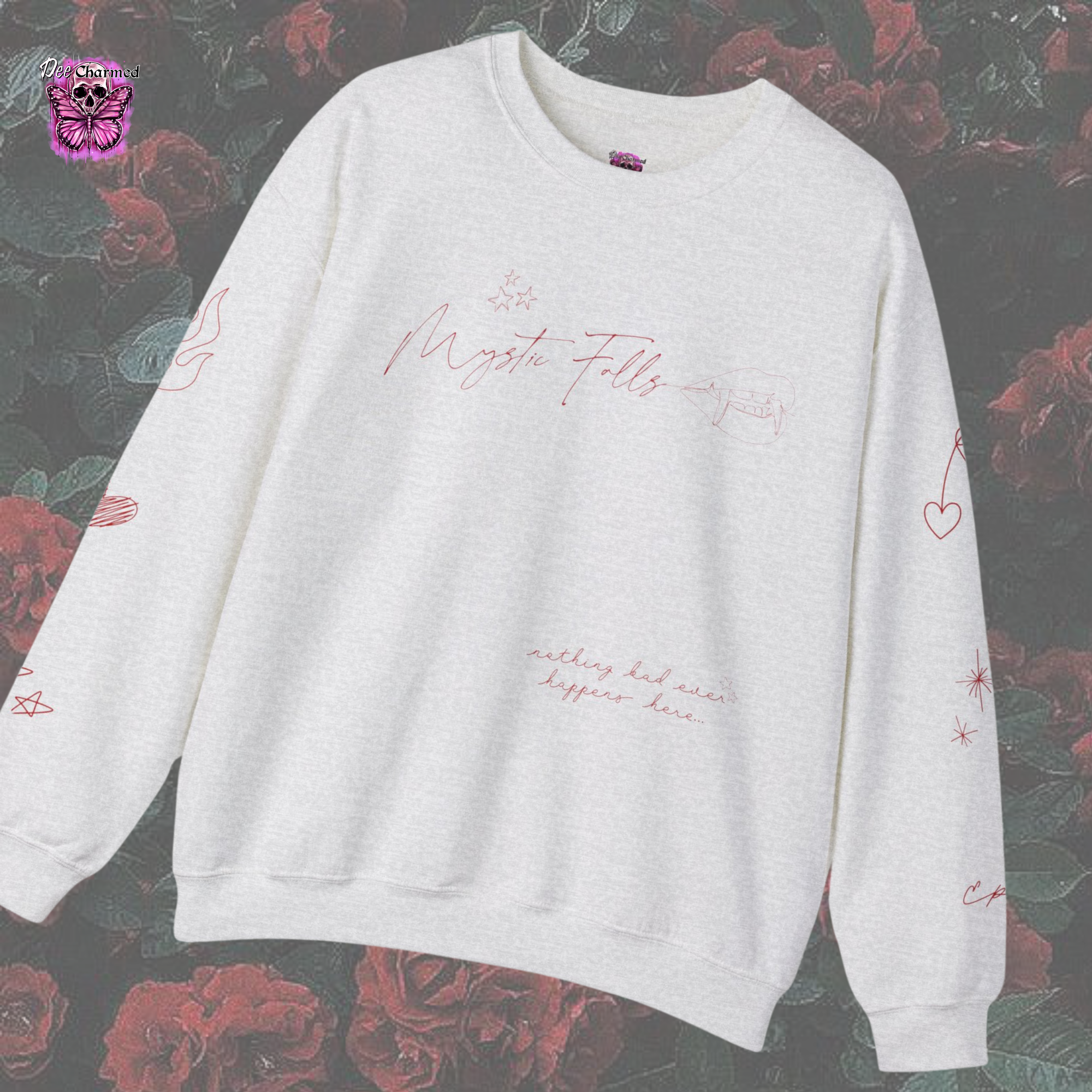 Mystic Falls Doodle Crewneck Sweatshirt - Cute Cartoon Graphic Pullover for Women & Men | Perfect for Casual Wear, Street Style & Gift Giving